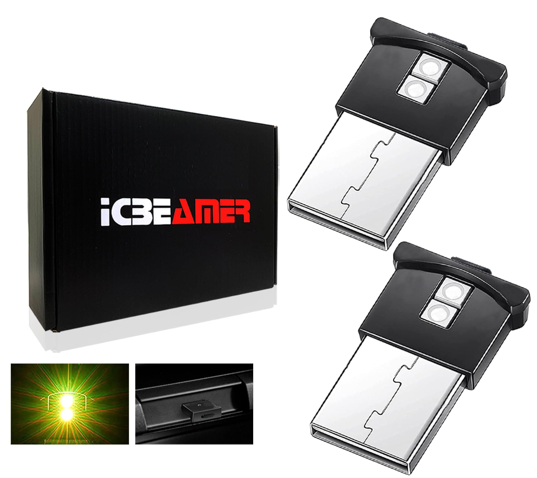ICBEAMER Mini Smart USB Type-A 2-Pack (Yellow) | LED Night Light for Car Interior, Trunk, Center Console, Easy Plug-in, Ideal for Enhancing Automotive Ambiance