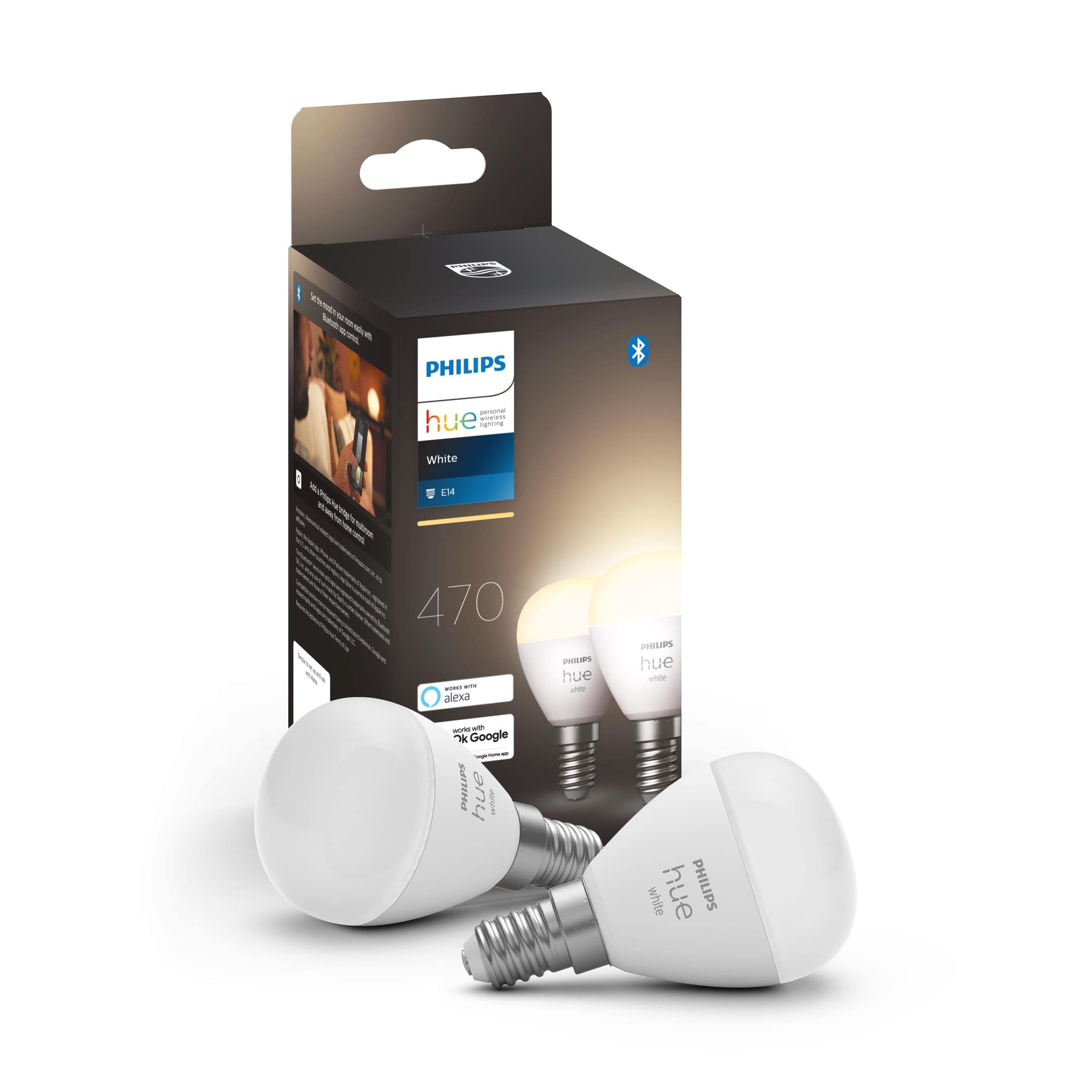 New White Smart Light Bulb Lustre 2 Pack [E14 Small Edison Screw] with Bluetooth. Works with Alexa, Google Assistant and Apple Homekit