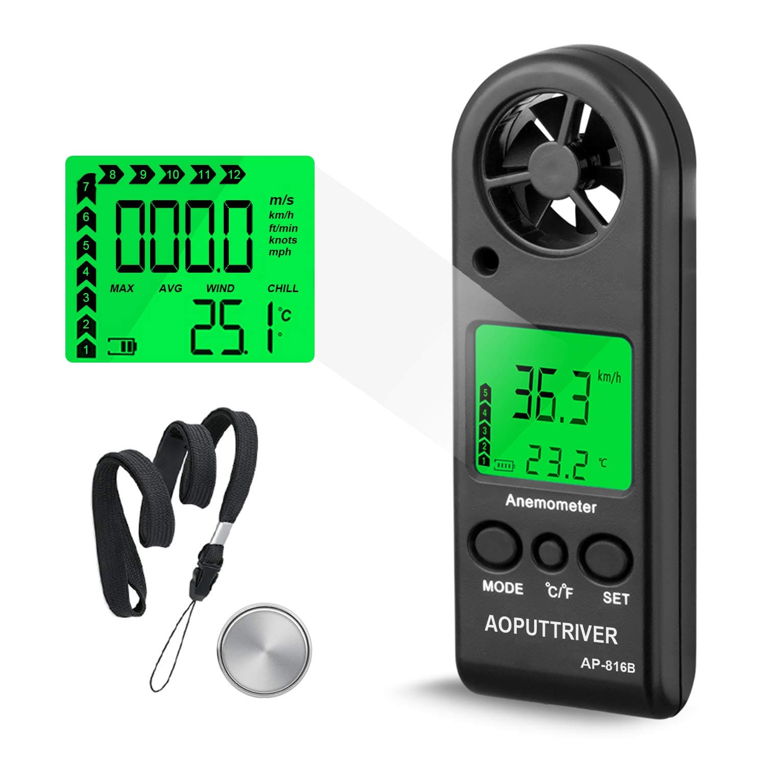 Anemometer Handheld Wind Speed Meter for Measuring Wind Speed Temperature and Max/Average/Current, High Precision Anemometer Measuring for Windsurfing Sailing Fishing Outdoor Activities