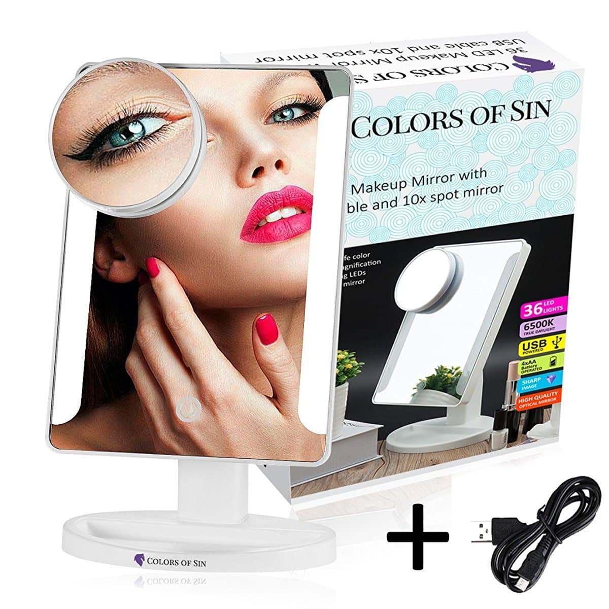 Colors of Sin LED Touch Screen Makeup Mirror, Lighted Makeup Mirror/Natural Bright Light Makeup Mirror with Touch Screen,180 Degree Rotation, Movable with 10x Magnification Spot Mirror, White