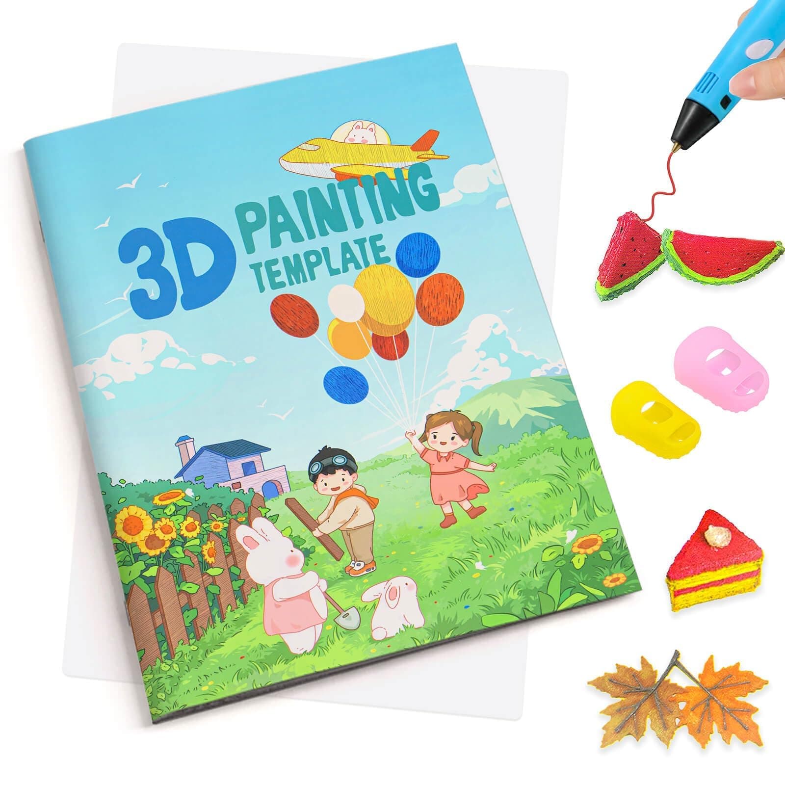 3D Printing Drawing Book, Reusable Colorful 40 Patterns Thick Paper Template with a Clear Plate, Painting Graffiti Template for 3D Pen DIY Gift (Cute Childhood)