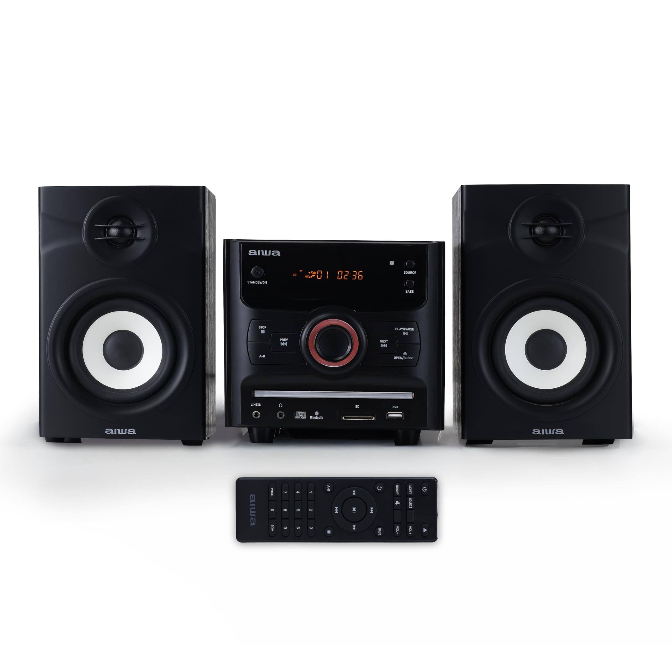 Aiwa 60W Bluetooth Micro System with Bookshelf Speakers and CD Player, FM Radio, USB Playback, AUX Input, LED Display, Hi-Fi Sound, Compatible with Apple, Android, Tablets, and Laptops