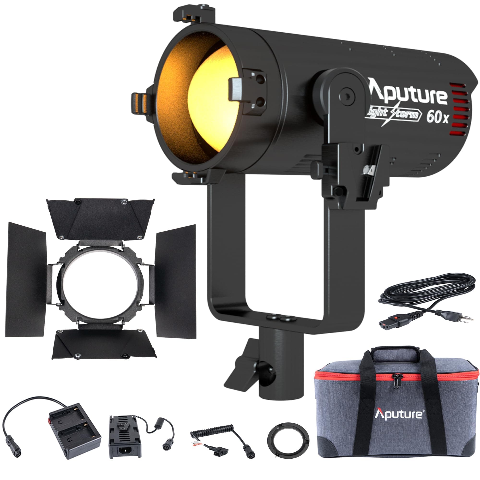 60x Aputure Light Storm LS 60x Bi-Color LED Light 30000lux @1m, CRI 95+ TLCI 95+Built-in 9 Lighting FX, Support NP-F970 Battery, Includes Barn Doors Support Sidus APP Control