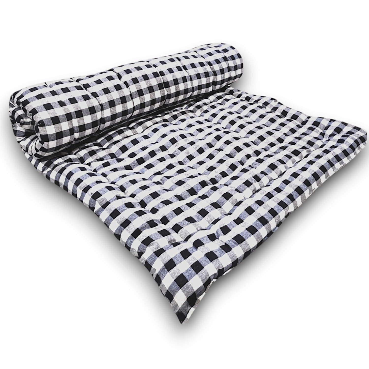 Soft Thick Premium Cotton Quilt|Movable Foldable Rollable Light Weight Filled Single Firm Cotton Mattress Ghingam Plaid,1 Sleeping Capacity,Black&White Check (72X72 Inches, Double Bed)