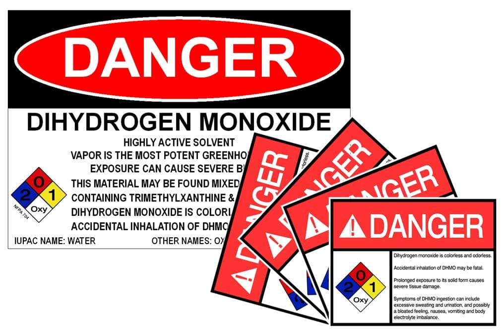 DHMO Dihydrogen Monoxide Warning Sign & Sticker Set