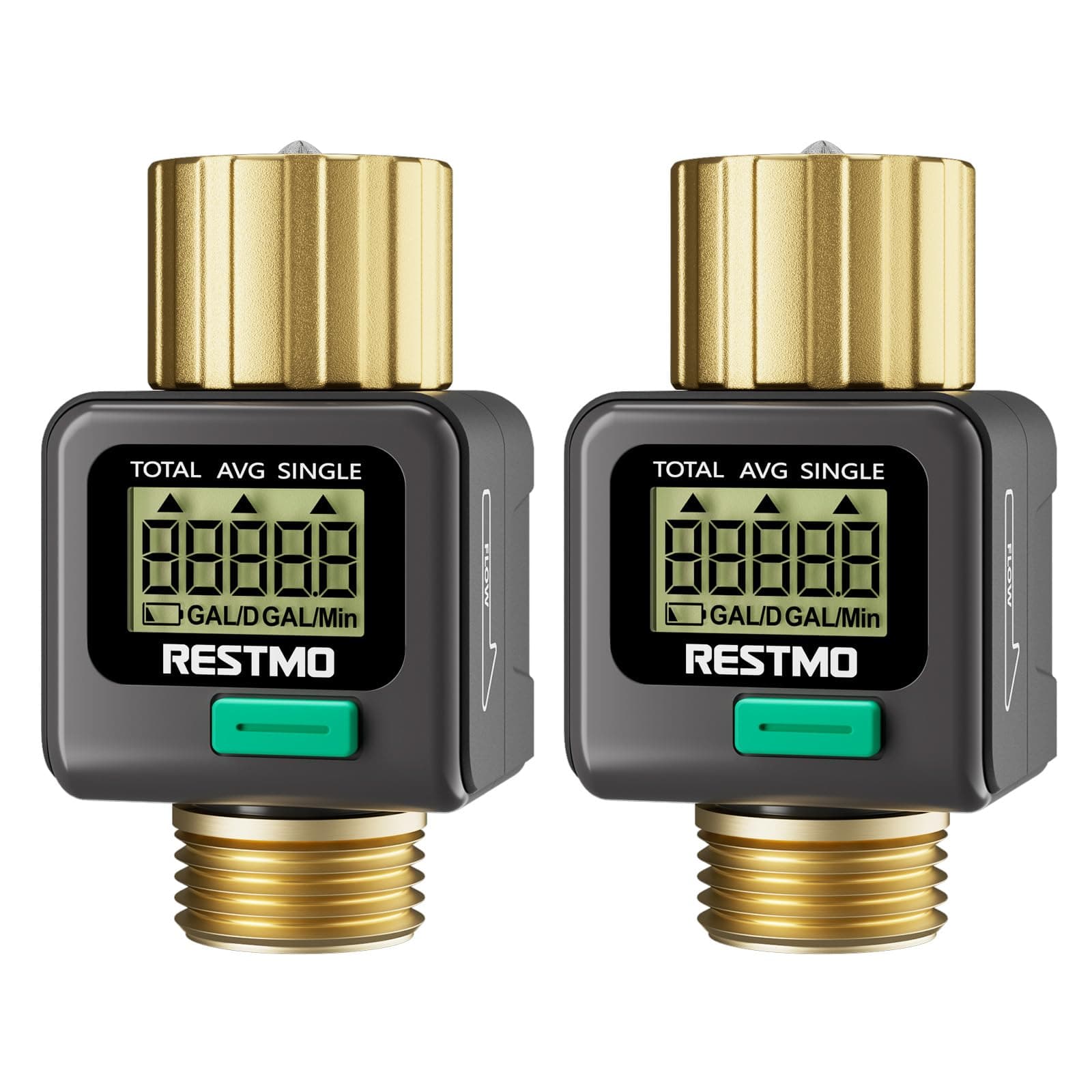 [2 Pack] RESTMO Water Flow Meter, Pure Brass Inlet & Outlet | 4 Measure Modes | Display Gallon/Liter Usage and Flow Rate | Ideal to Outdoor Garden Hose, Lawn Sprinkler Watering, RV Water Tank Filling