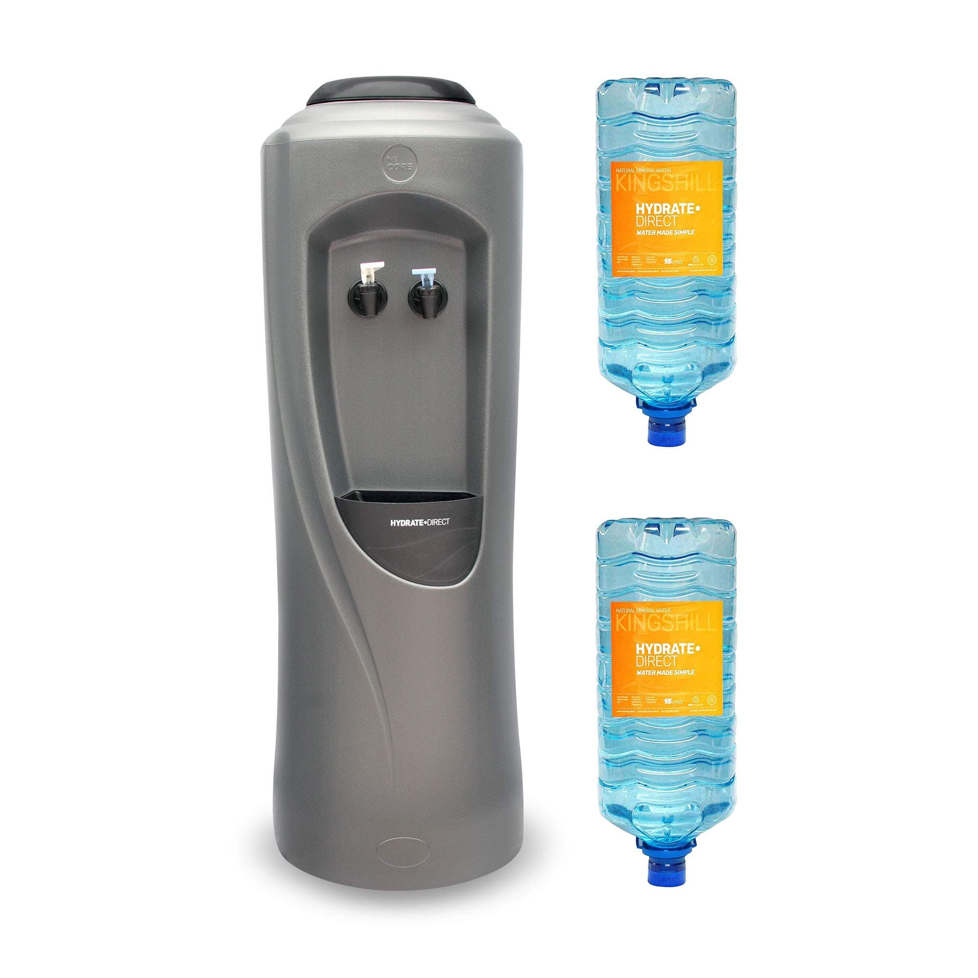 Hydrate Direct Core Water Cooler Package 1 | Water Dispenser Plus 2 x 15L Bottles of Natural Mineral Water, Ambient & Cold Temperature, Grey/Silver