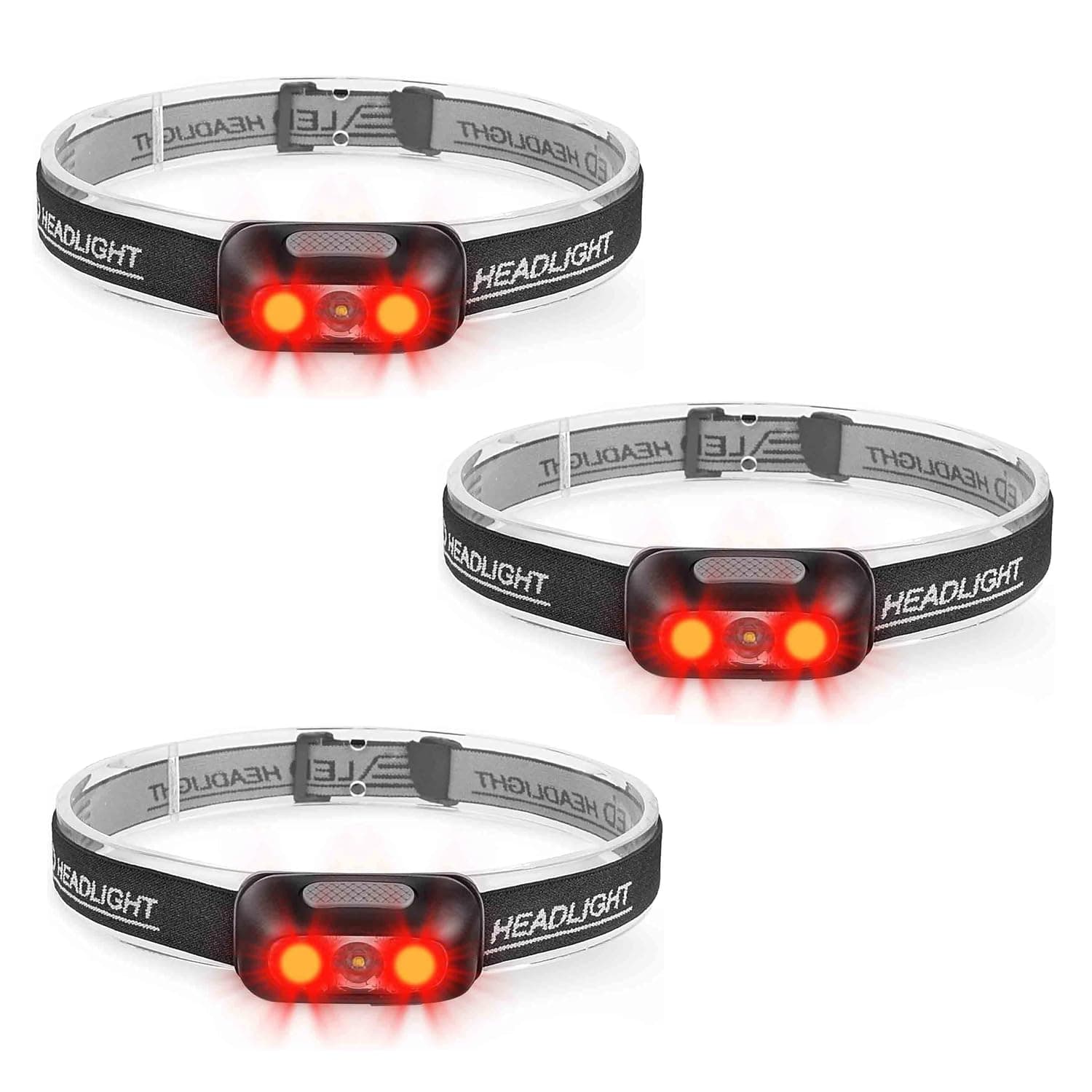 500 Lumen Rechargeable Headlamp (3 Pack), 5 Modes with Red Light Head Lamp, IP54 Water-Resistant Adjustable Strap Head Light for Adult Running, Camping, Cycling