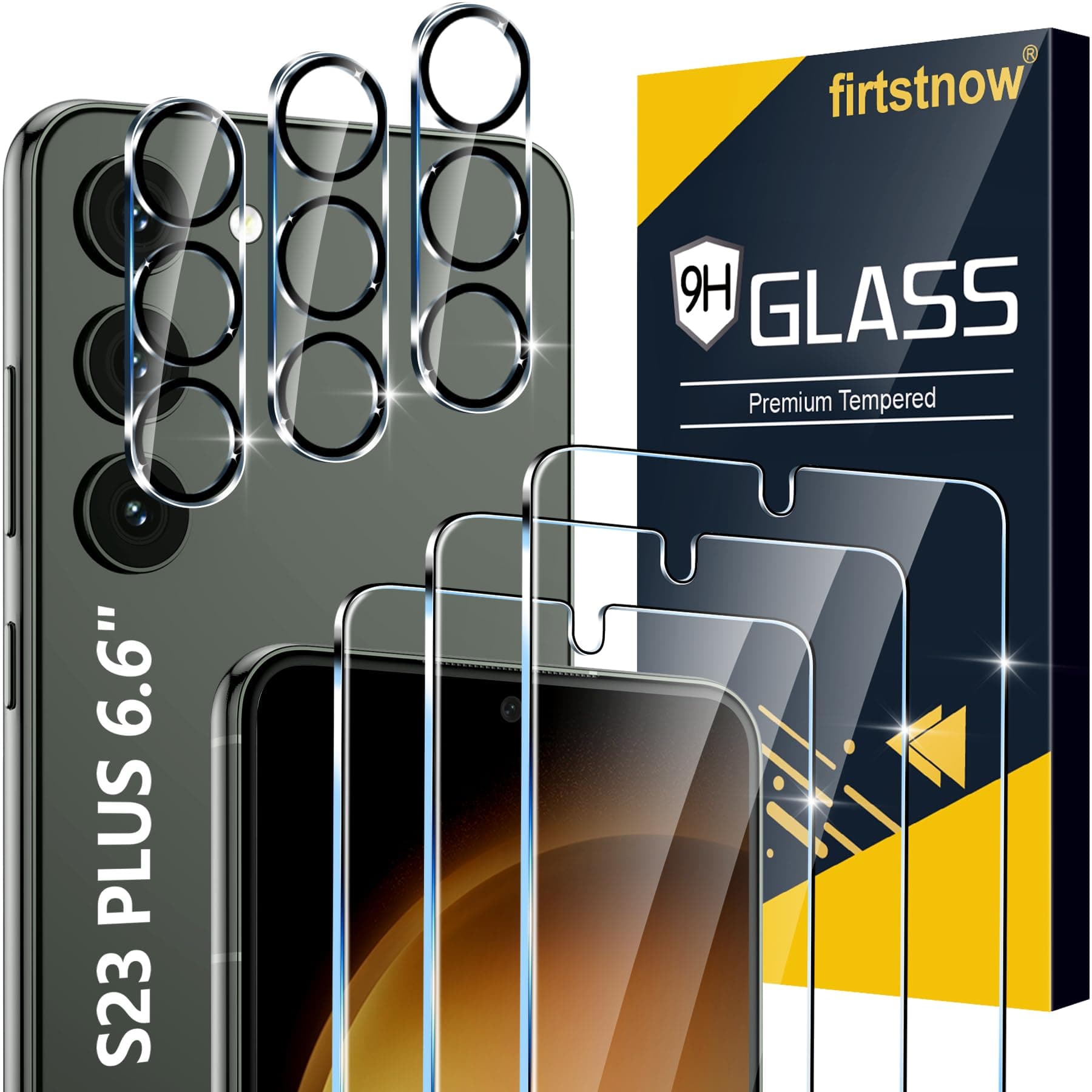 firtstnow 3 Pack for Samsung Galaxy S23 Screen Protector Tempered Glass + 3 Pack Camera Lens Protector, Military Grade Shatterproof, 9H Hardness, Fingerprint Unlock, HD Clear Case Friendly 6.1 Inch