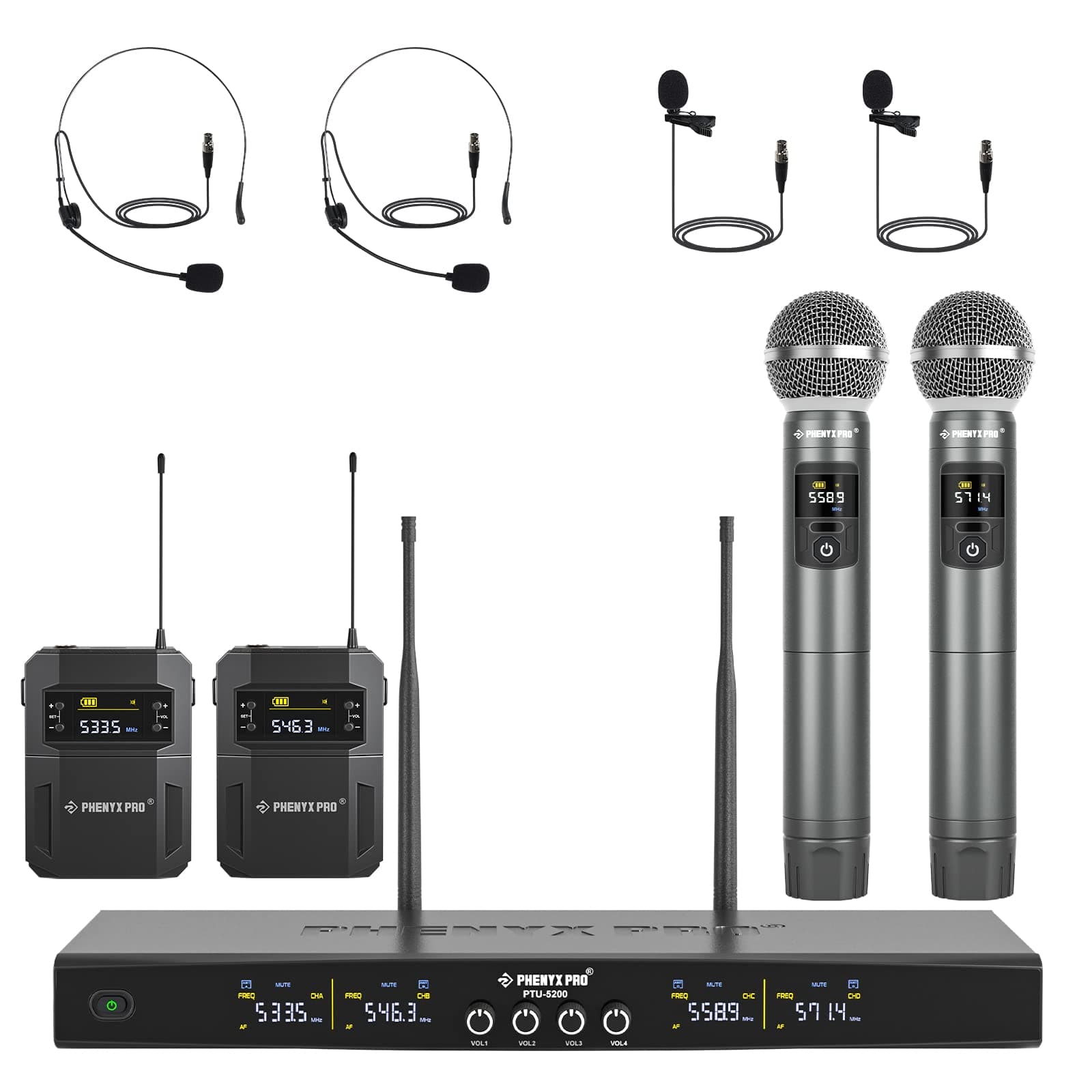Phenyx Pro Wireless Microphone System, 4-Channel Wireless Mic Set with Handheld/Bodypack/Headset/Lapel Mics, Cordless Mic for Singing, Karaoke, Church (PTU-5200B)