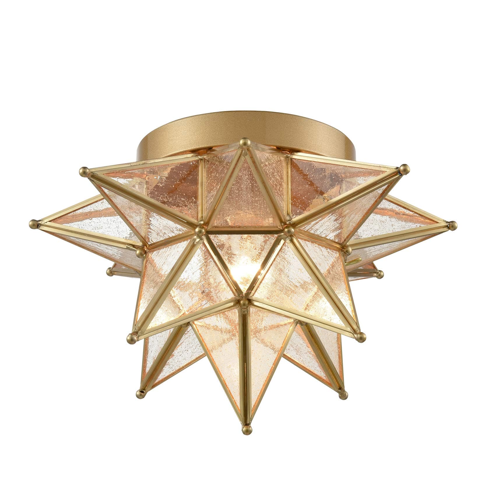 DAYCENT Brass Moravian Star Flush Mount Ceiling Light with Seeded Glass Shade Modern Gold Moroccan Star Ceiling Light Fixture for Hallway Bedroom Kitchen
