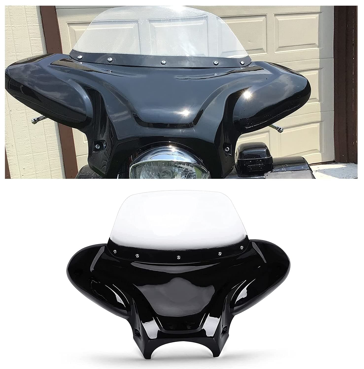 Universal Motorcycle Cruiser Front Outer Fairing Batwing w/Clear Windshield 37" Wide x 24" Tall Bat Wing Transparent Black ABS Plastic Durable