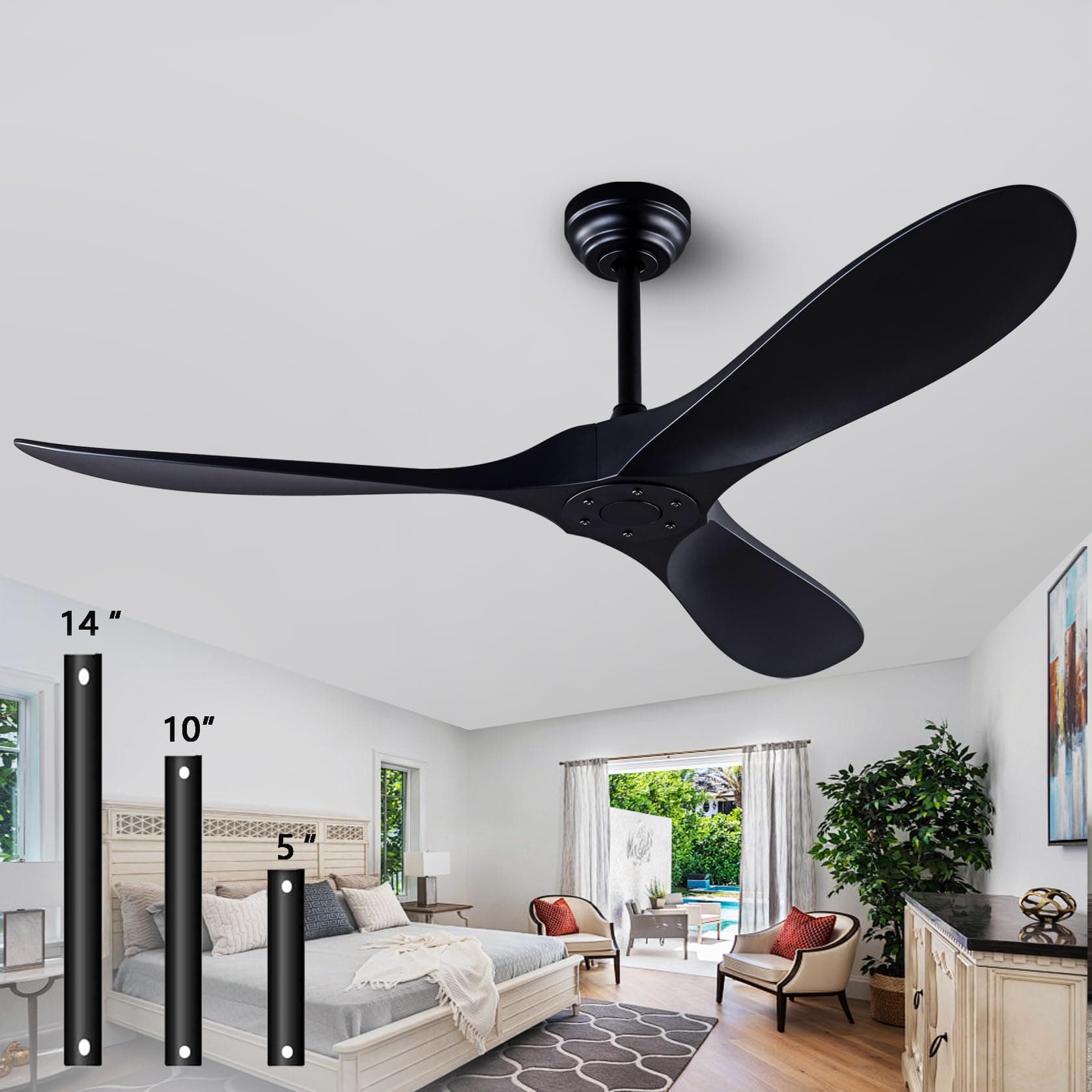 52" Ceiling Fans with Remote Control without Light, Modern Reversible DC Motor Indoor Outdoor 3 Blade Ceiling Fan for Patio, Bedroom and Farmhouse (Black)