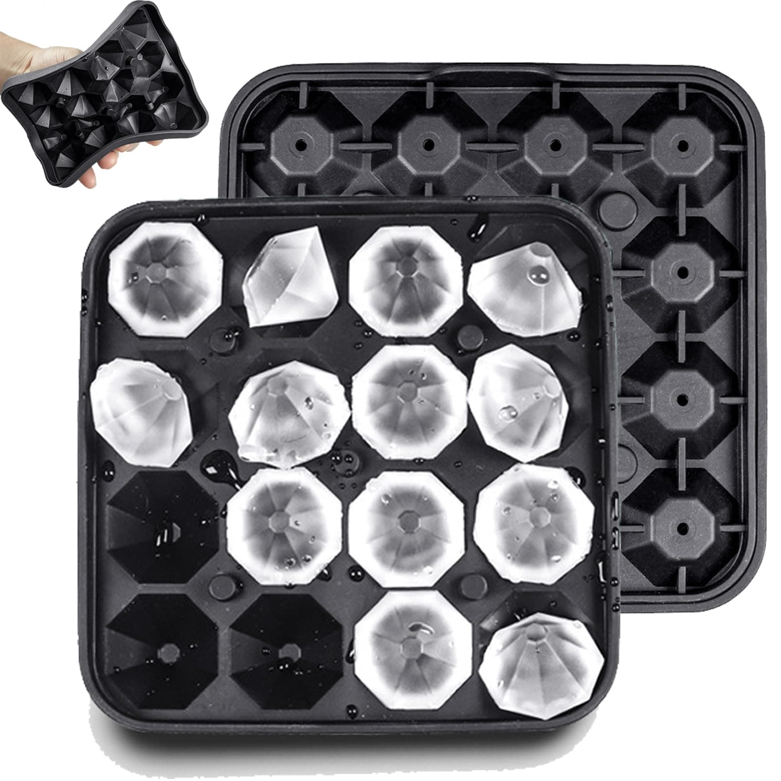 Tiny Diamond Ice Molds 2 Pack, Small Diamond-Shaped Silicone Ice Cube Trays 16 Cubes Per Tray, Easy Release, BPA-Free Mini Ice Cube Trays with Lid