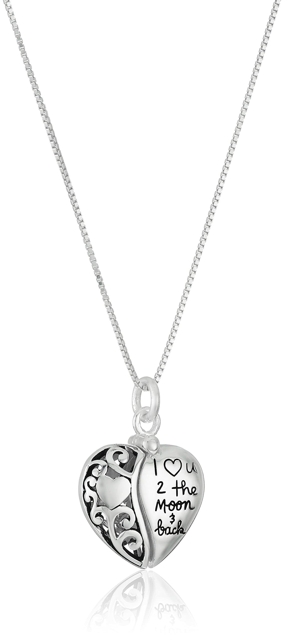 Amazon Essentials Sterling Silver Heart "I Love U 2 The Moon and Back" Pendant Necklace, (previously Amazon Collection)
