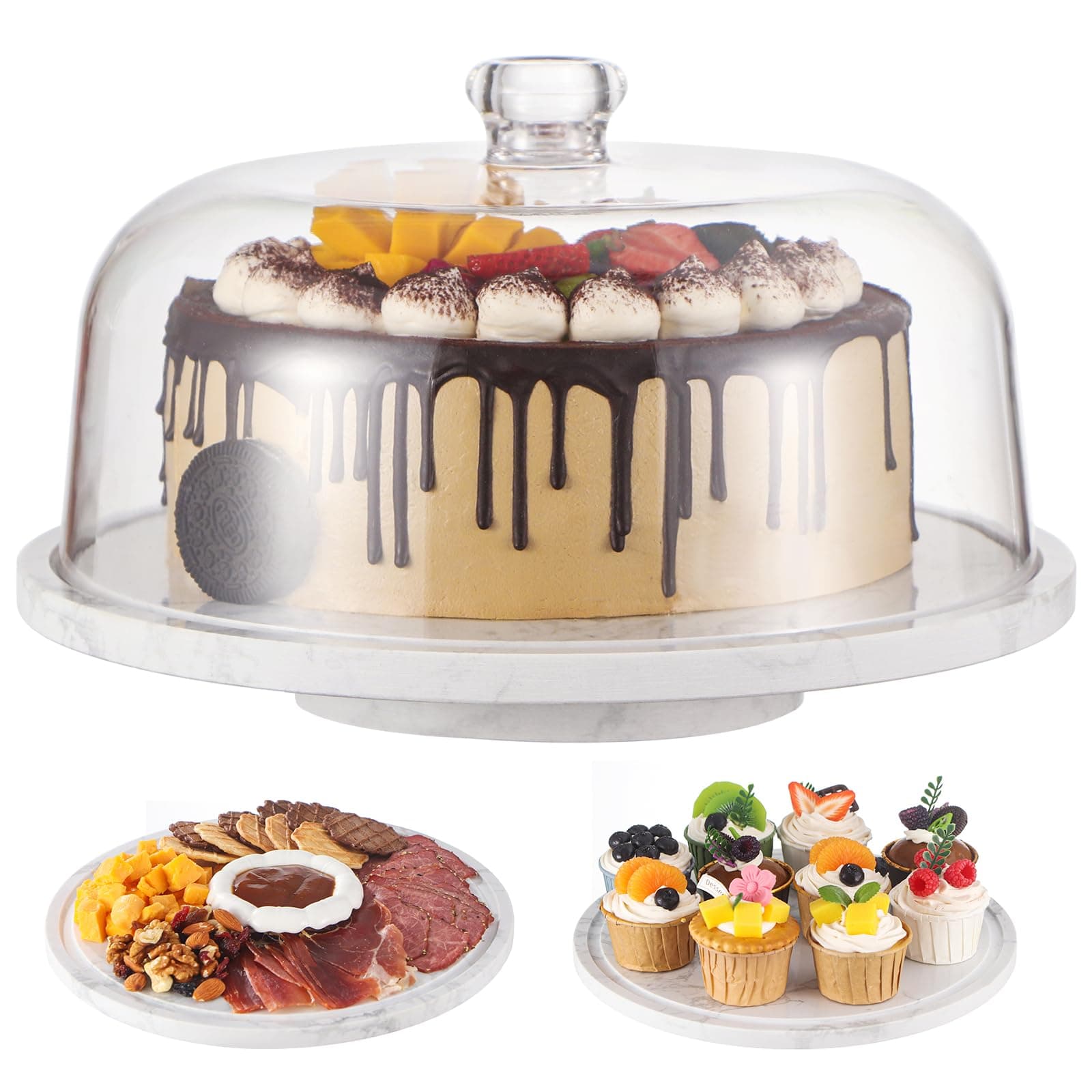 Rotatable Marble Cake Stand with Dome,360° Rotating Cake Stand with Lid,11.8in(30cm) Stone Lazy Susan with Acrylic Lid,Turnable Cheese Pie Dessert Display Stand,Revolving Serving Platter with Cover