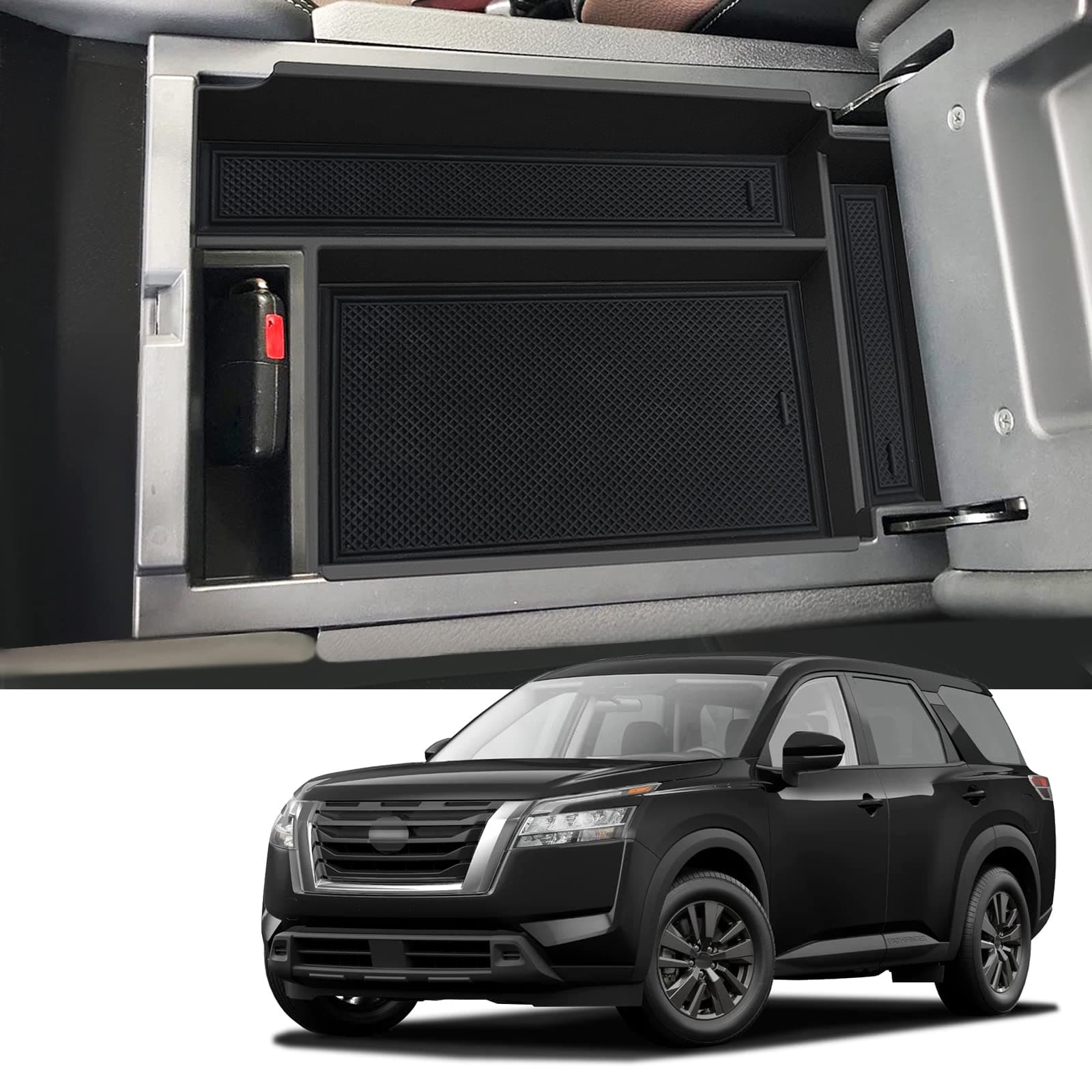 Coleya 2022 2023 Pathfinder Center Console Organizer 2023 Pathfinder Console Tray 2023 Pathfinder Accessories Armrest Storage Box Insert Tray for Pathfinder Armrest Box (Black Mats)