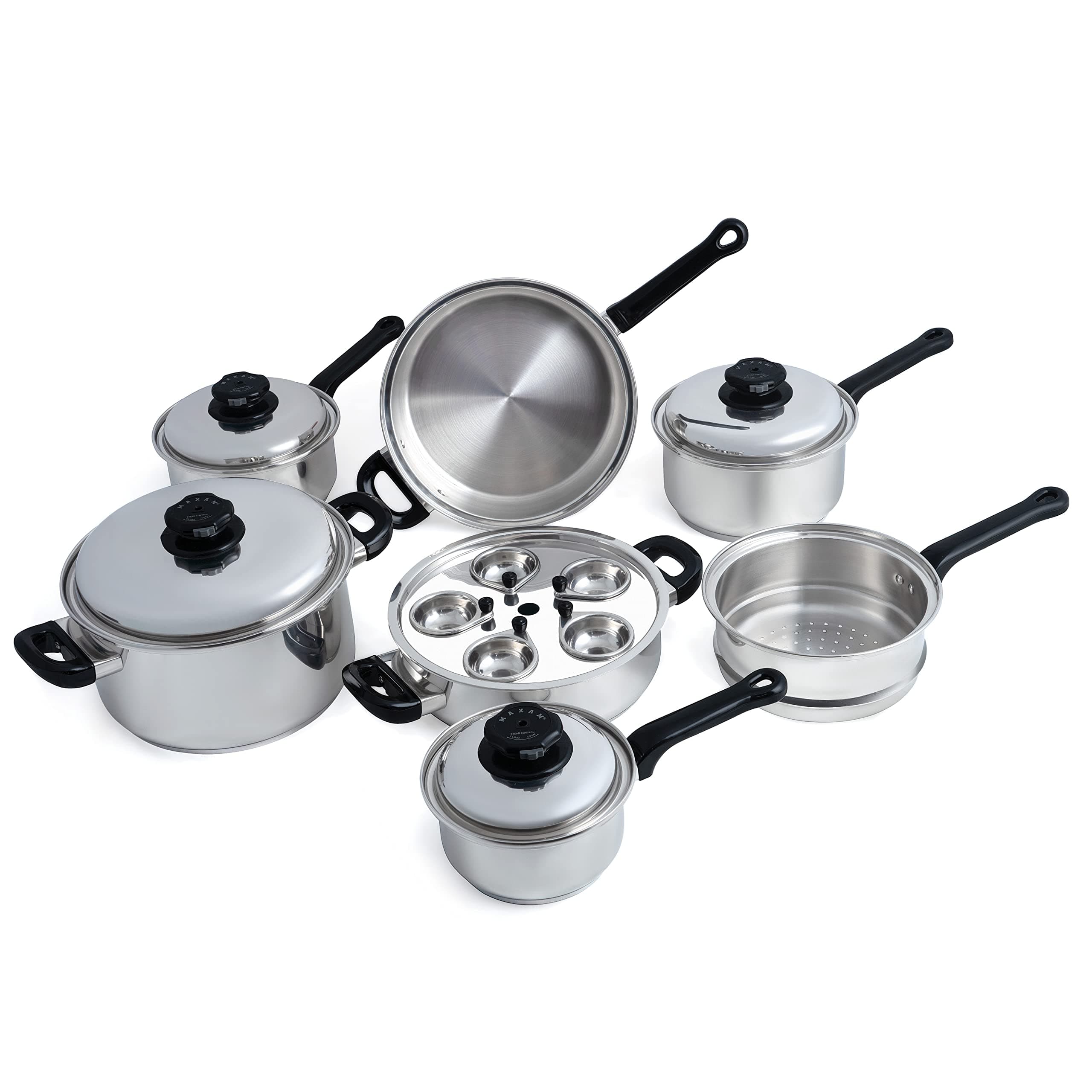 Maxam 9-Element Waterless Cookware Set, Durable Stainless Steel Construction with Heat and Cold Resistant Handles, 17-Pieces