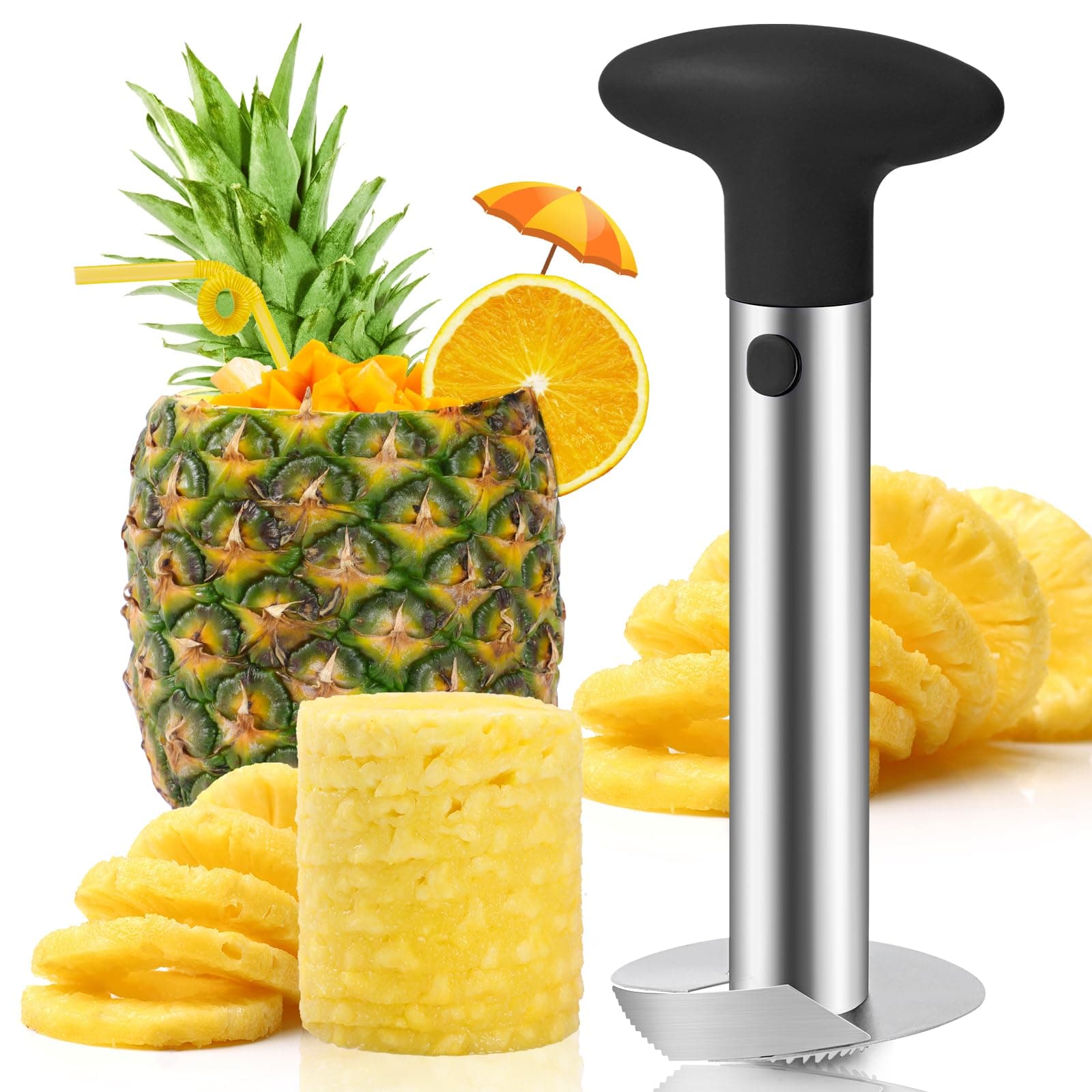 AUBENR Premium Pineapple Corer and Slicer Tool - Sharp Pineapple Cutter with Serrated Tips - Easy to Use and Clean - Stainless Steel Core Remover for Pineapple - Core Fruits with Ease(Black)
