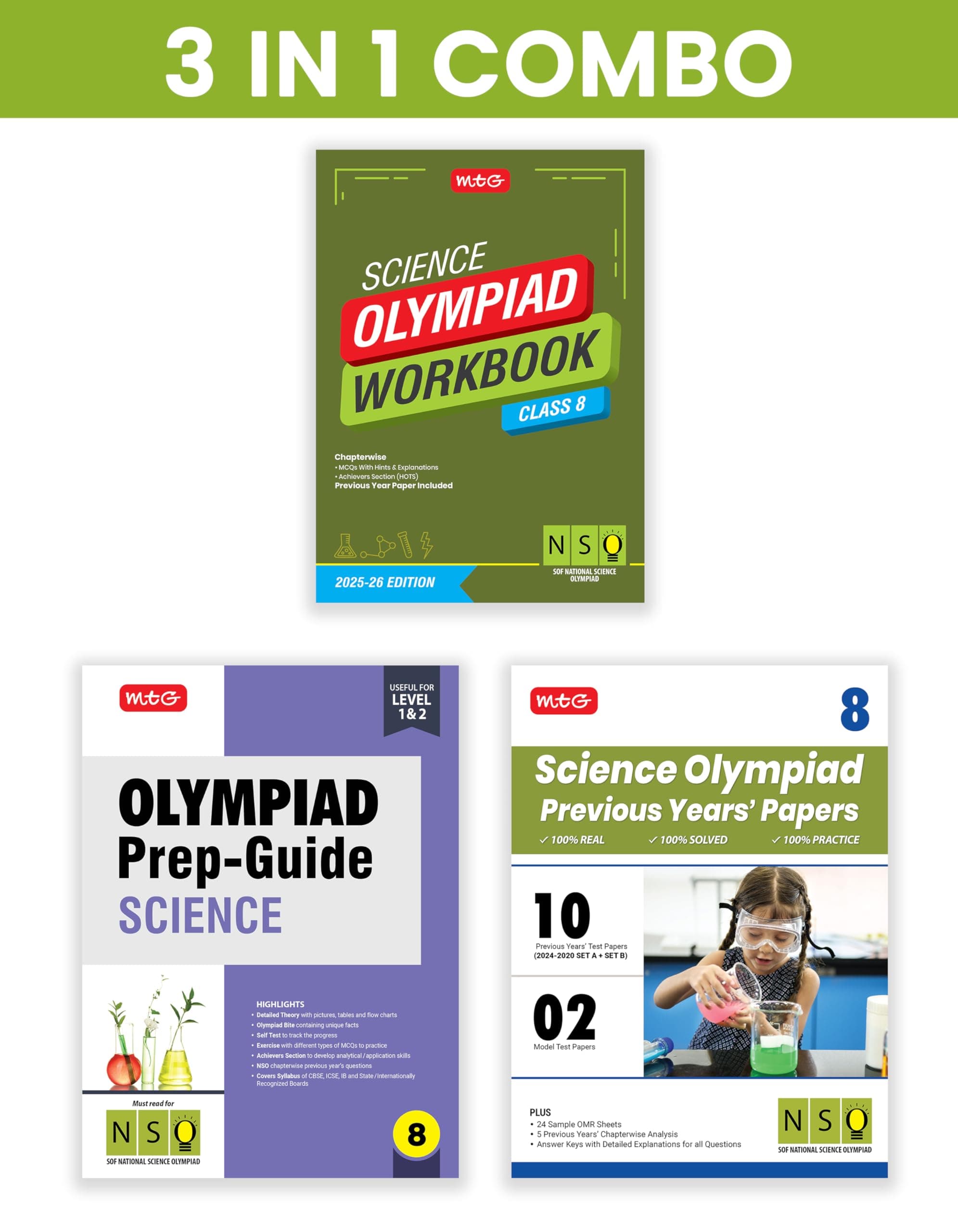 MTG Class-8 National Science Olympiad (NSO) Workbook, Prep-Guide & Previous Years Papers (PYQs) with Mock Test Paper (Set of 3 Books) - SOF Olympiad Books For 2025-26 Exam