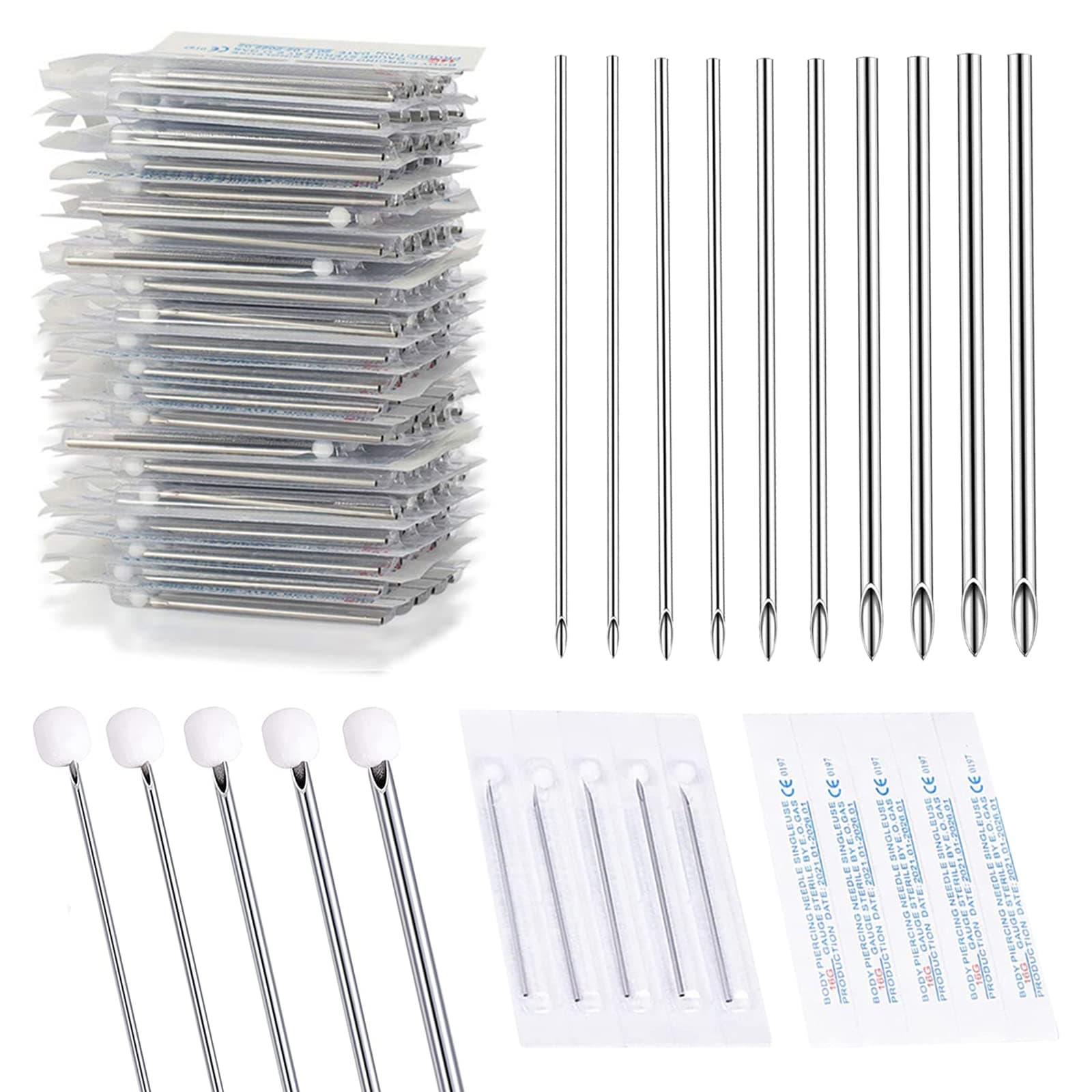 Autdor Ear Nose Piercing Tool - 50pcs Mixed Piercing Tool 12G 14G 16G 18G and 20G Hollow Tool for Ear Nose Navel Nipple Lip Tongue Piercing Kits Piercing Supplies