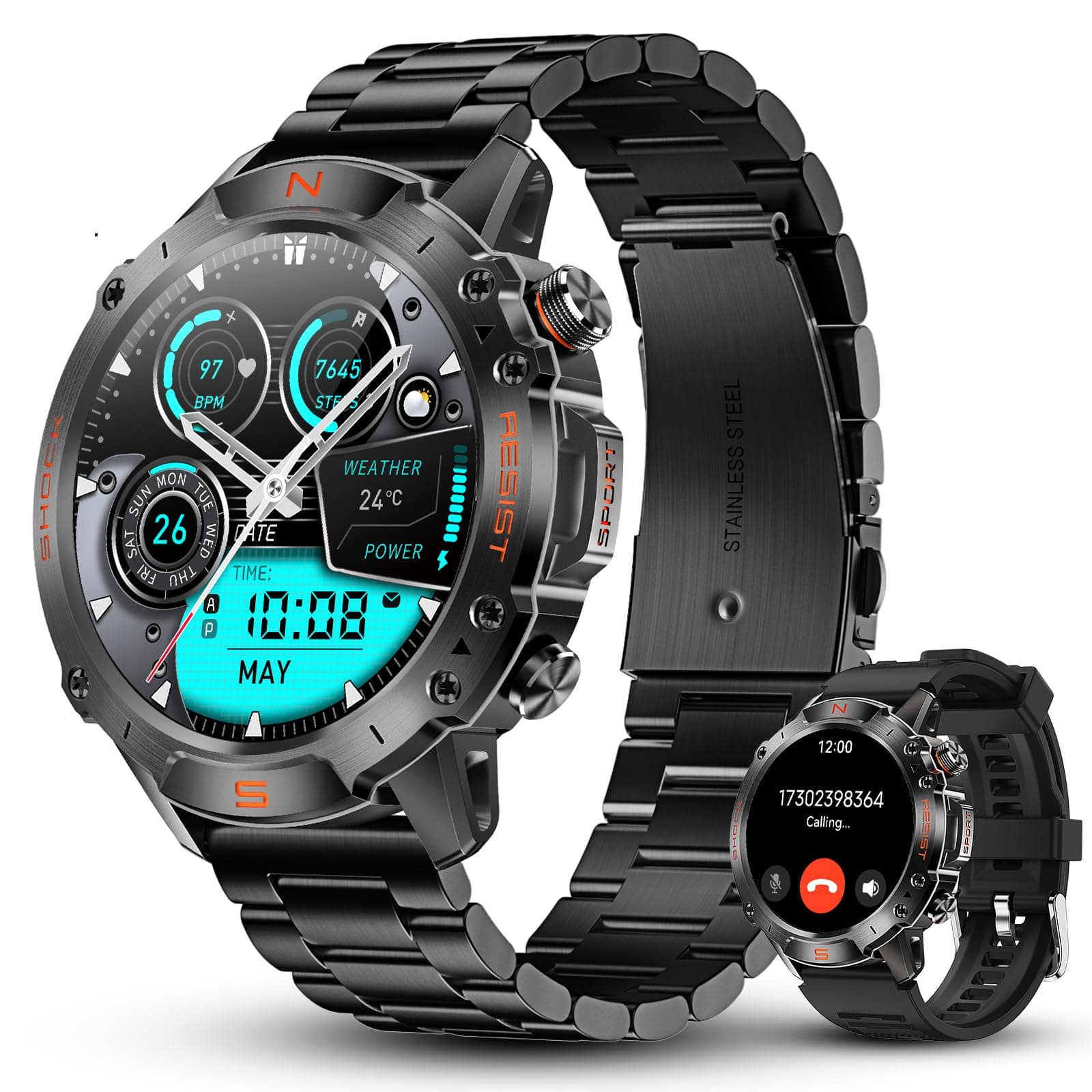 WalkerFit Smart Watch for Men- Answer/Dial Calls with 110 Sport Models,IP68 Waterproof Fitness Watch with Heart Rate Monitor,Android Smart Watch for iPhone Compatible, 1.43" AMOLED Display, Steel Band