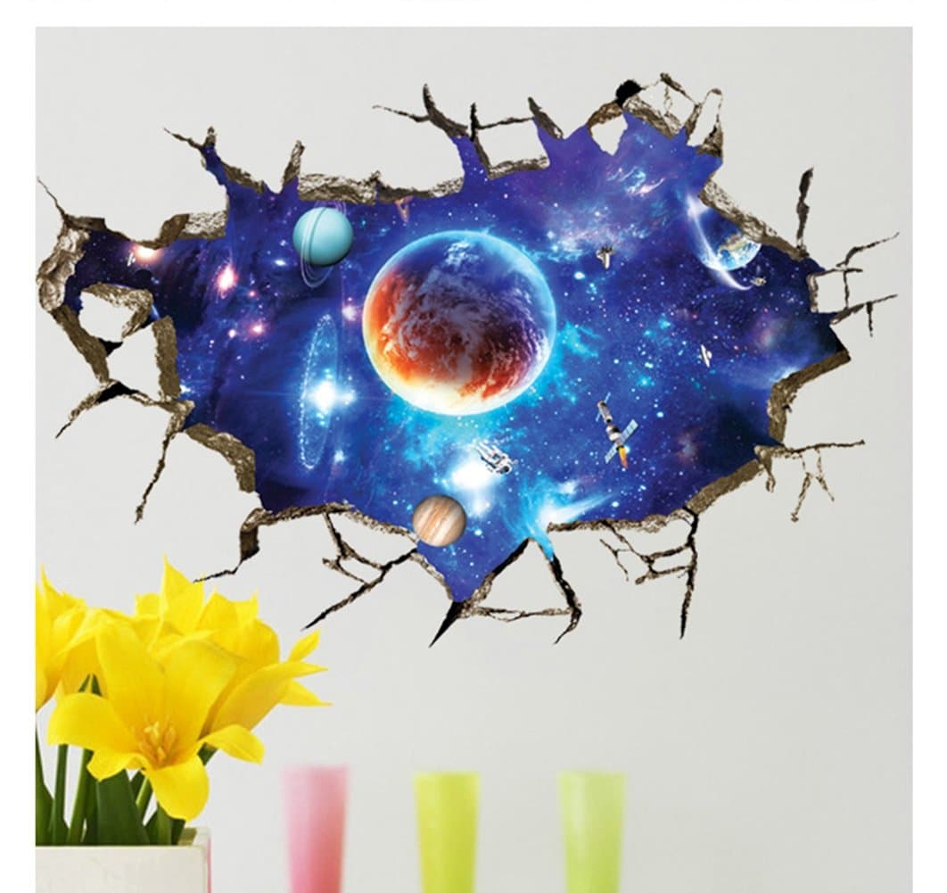 Large Blue Sky 3D Self-Adhesive Removable Break Through The Wall Vinyl Wall Sticker/Mural Art Decals Decorator (Blue Interstellar Space World of Galaxy Planets(23.6" X 35.4"/ 60 X 90cm))