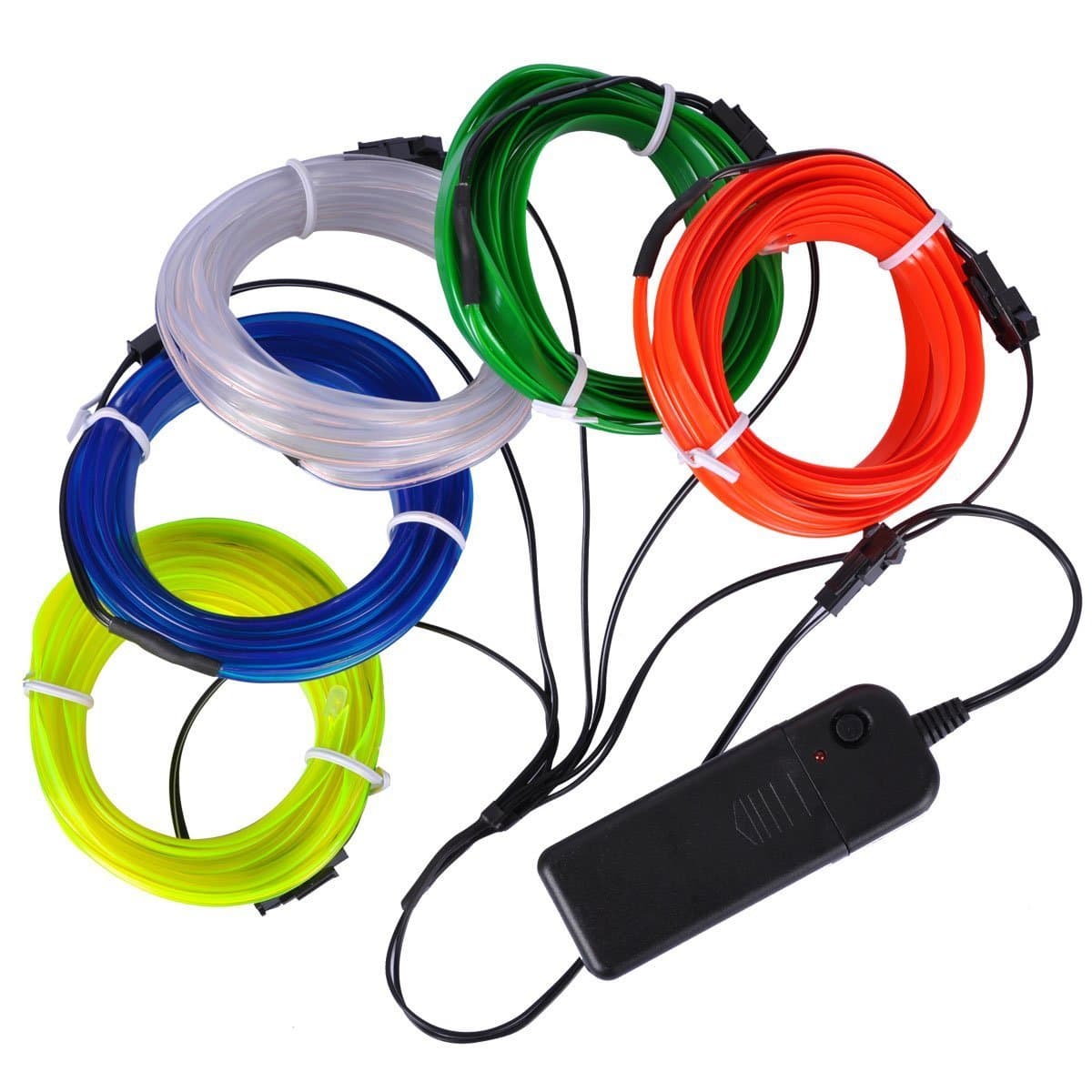 EL Wire Kit, AutoEC 5x3m Neon Light, Glowing Strobing Electroluminescent Wire for Party Car Interior Cosplay Halloween Christmas Decoration (White, Blue, Red, Yellow & Green)