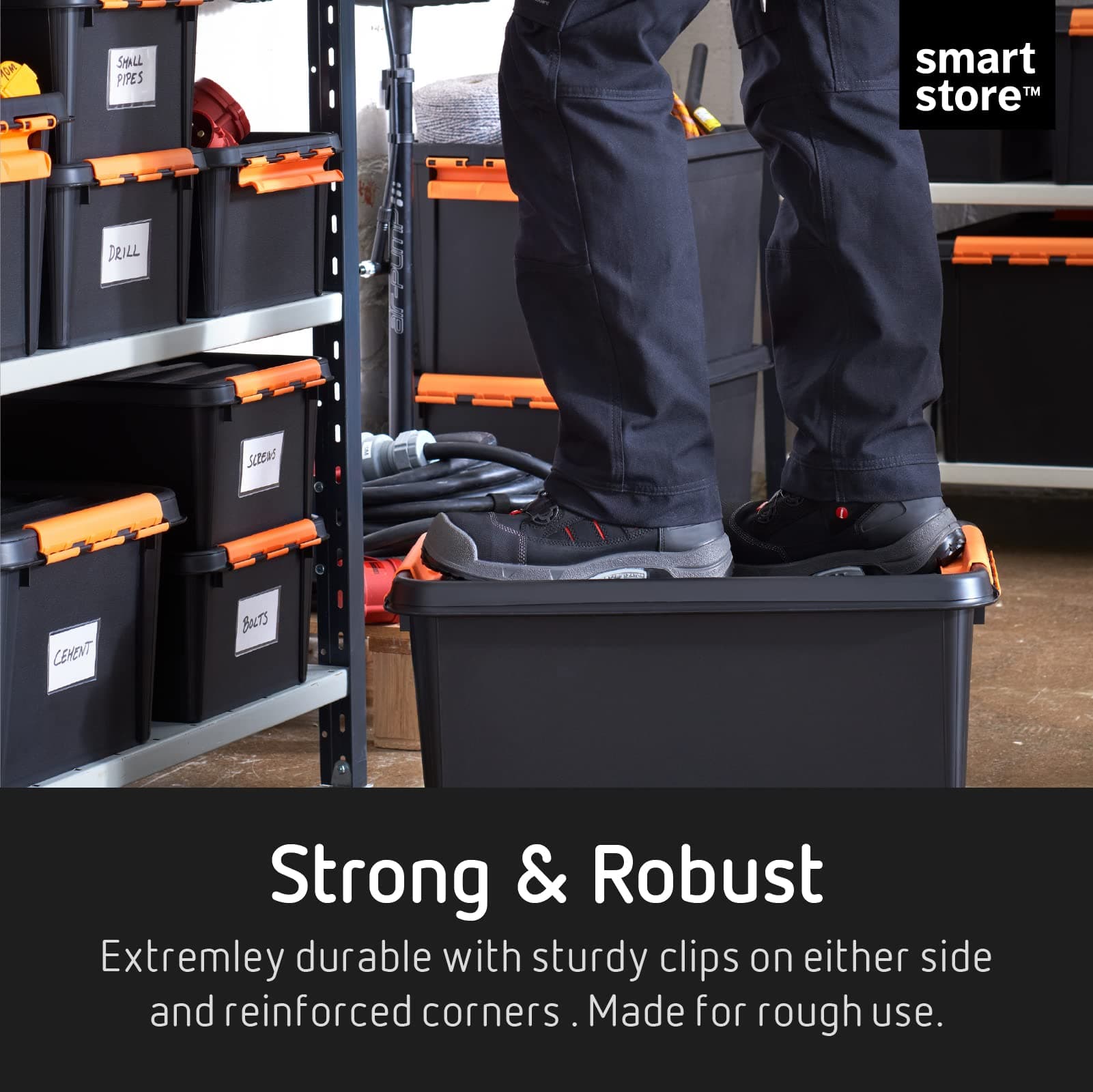 SmartStore Heavy Duty Storage Boxes with Lids 49L Set of 4 - Nestable & Stackable Impact Resistant Tool Box Set - BPA Free Food Storage Containers - Plastic Storage Box with Lid L59xW39xH34cm