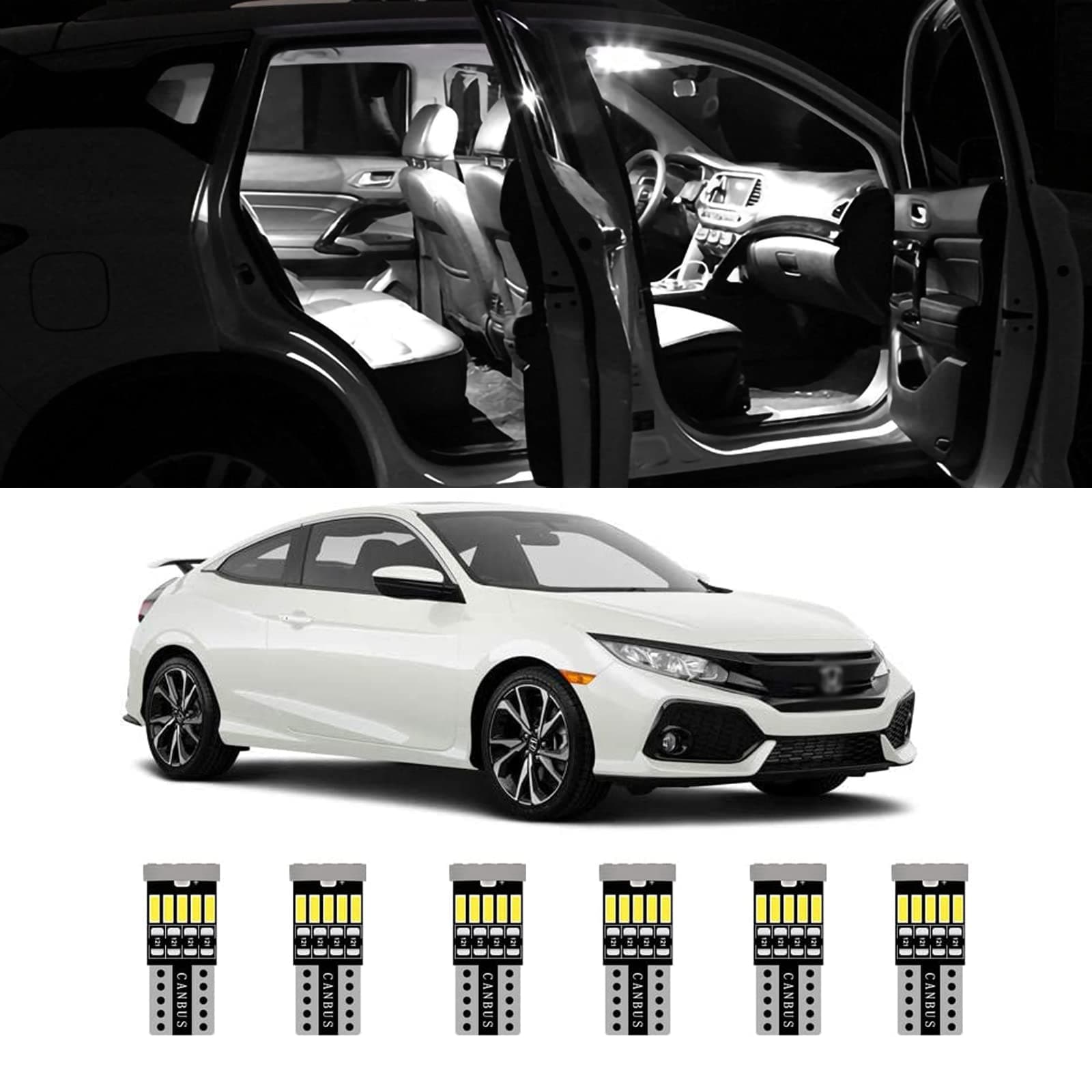 6pcs White Interior LED Lights Kit for 2016 2017 2018 2019 2020 2021 Honda Civic Super Bright LED Map Dome Cargo Replacement Light Bulbs