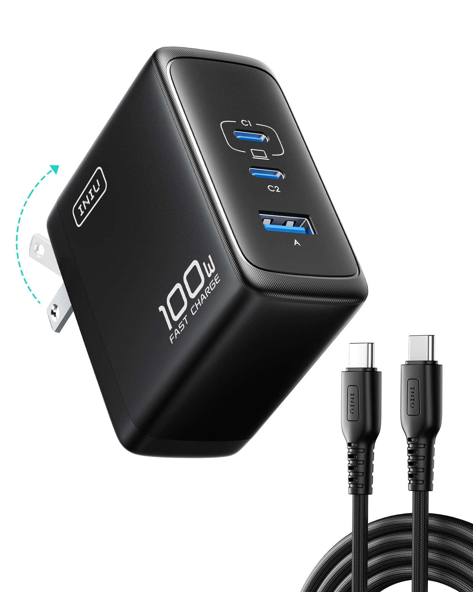 INIU GaN Ⅱ Tech 100 W USB-C Charger with 3 USB-A and 2 USB-C Ports for MacBook, iPad Pro and Air, iPhone 15/14/13 Pro Max, Galaxy S24/S23 Ultra, AirPods, Steam Deck