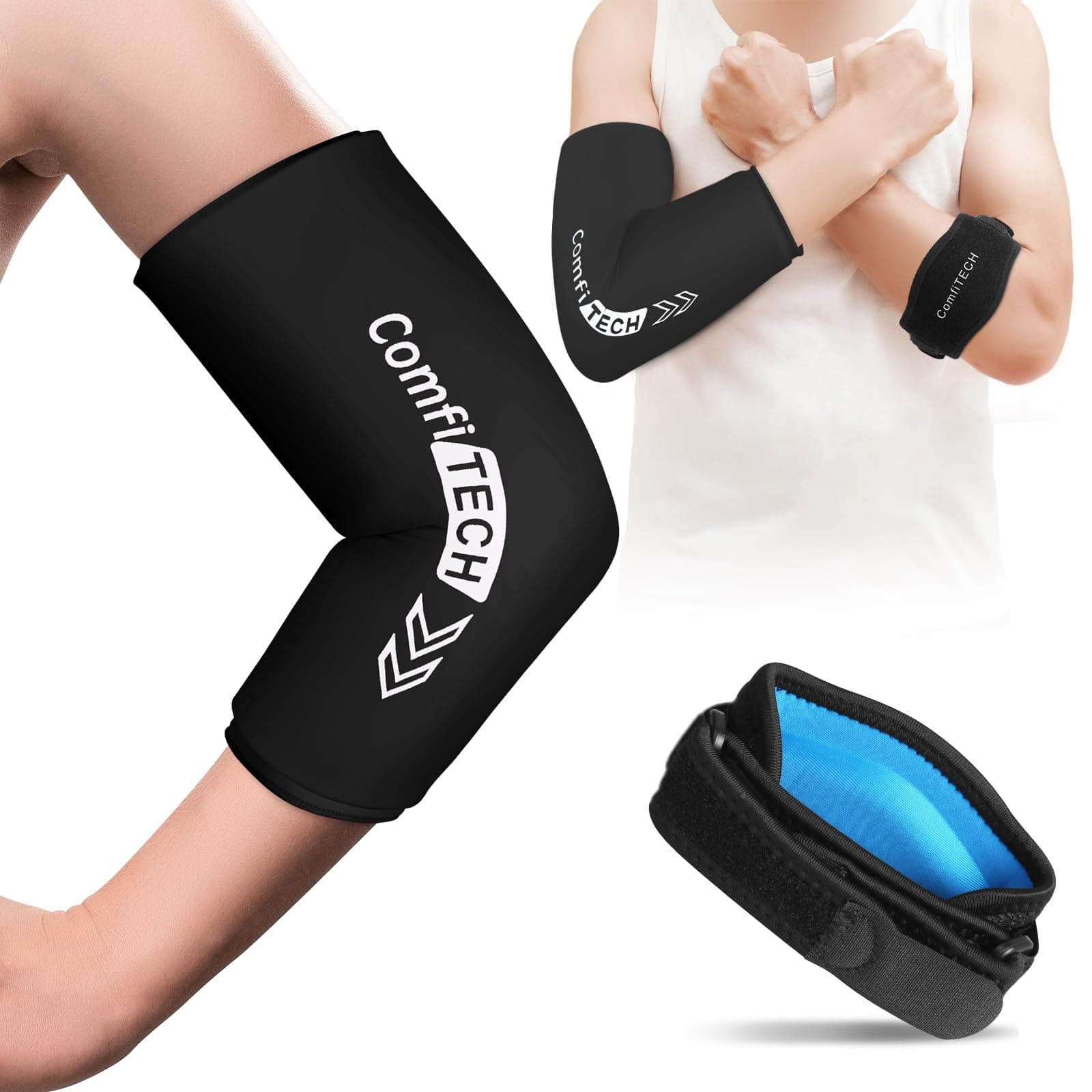 ComfitechTennis Golfers Elbow Brace Strap & Ice Pack Wrap Combo for Men and Women, Cold Sleeve for Arm and Forearm Band Set, Medium