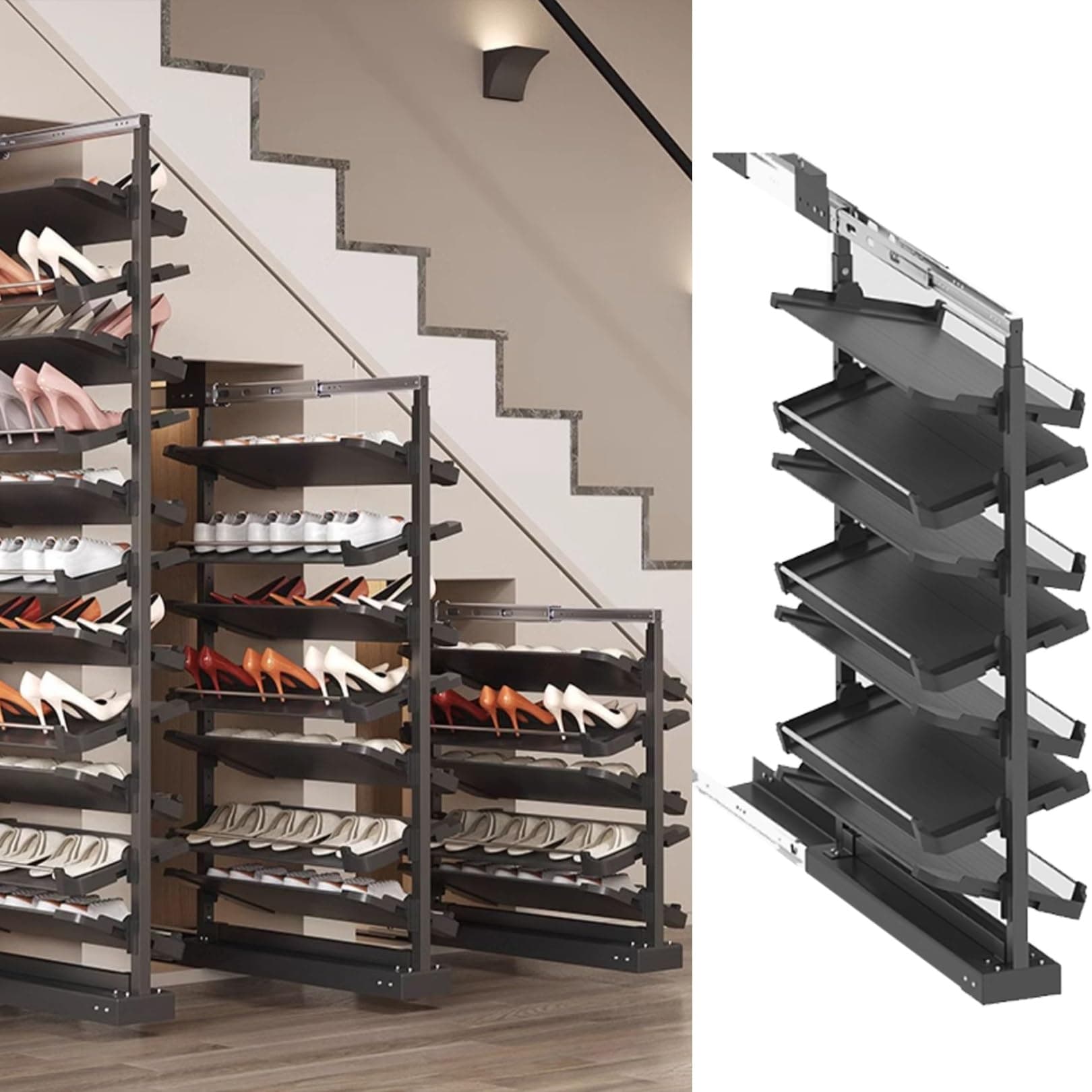 Pull-Out Shoe Rack Organizer for Closet Shoe Cabinet,Adjustable Height Retractable Metal Stackable Shoe Rack, Vertical Shelf Organizer for Small Bedroom Closet, Space Saving Storage, Black(45cm,7 Tier