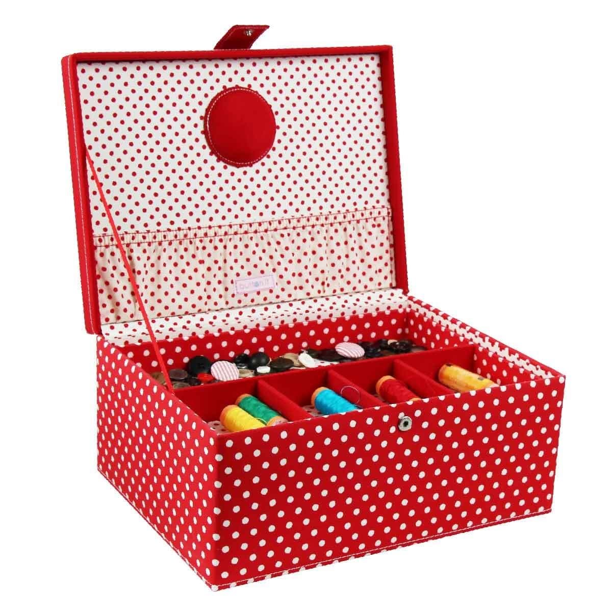London Clock 82316 Sewing Box with polka dot pattern and carry handle, removable inner compartment, fabric pocket and pin cushion inner, 31 cm x 23 cm x 14.5 cm red/white