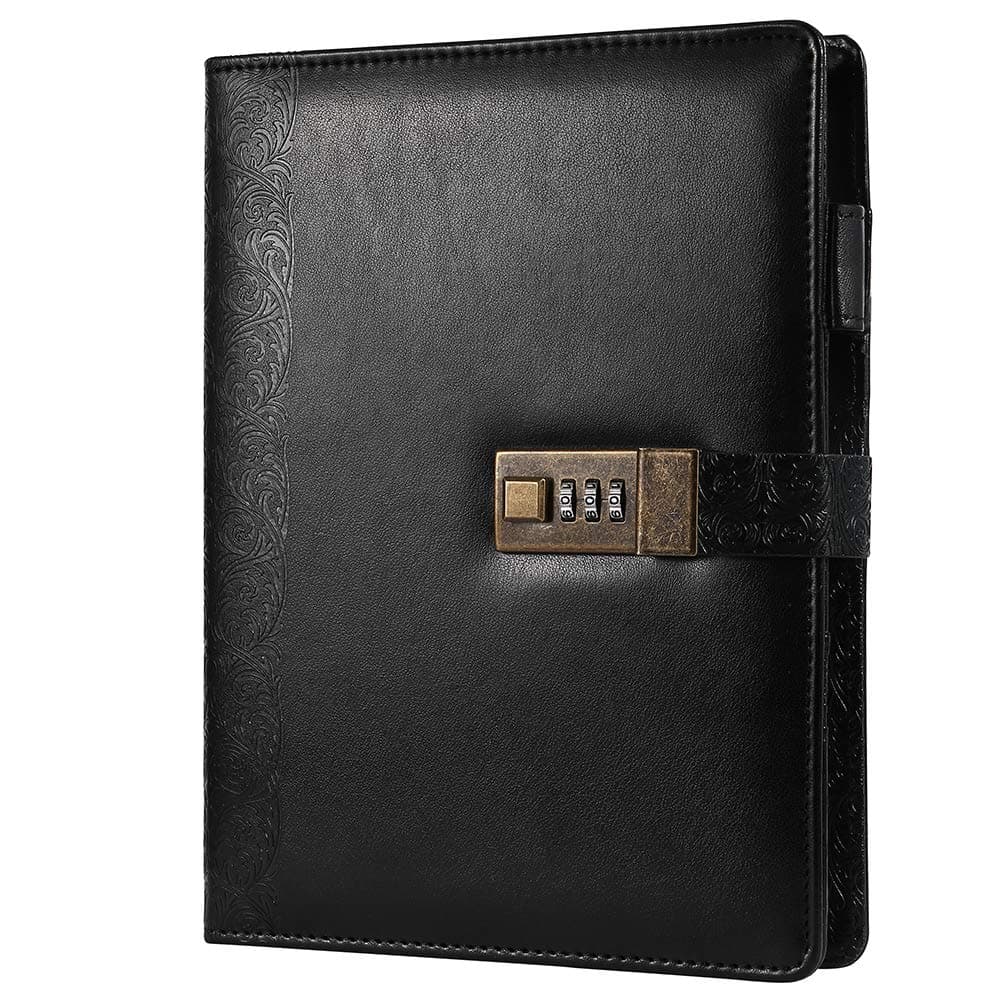 CAGIE Locking Journal for Adults Journal with Lock Combination Passwords 6 Rings Refillable Embossed Large Leather Binder Notebook, Black