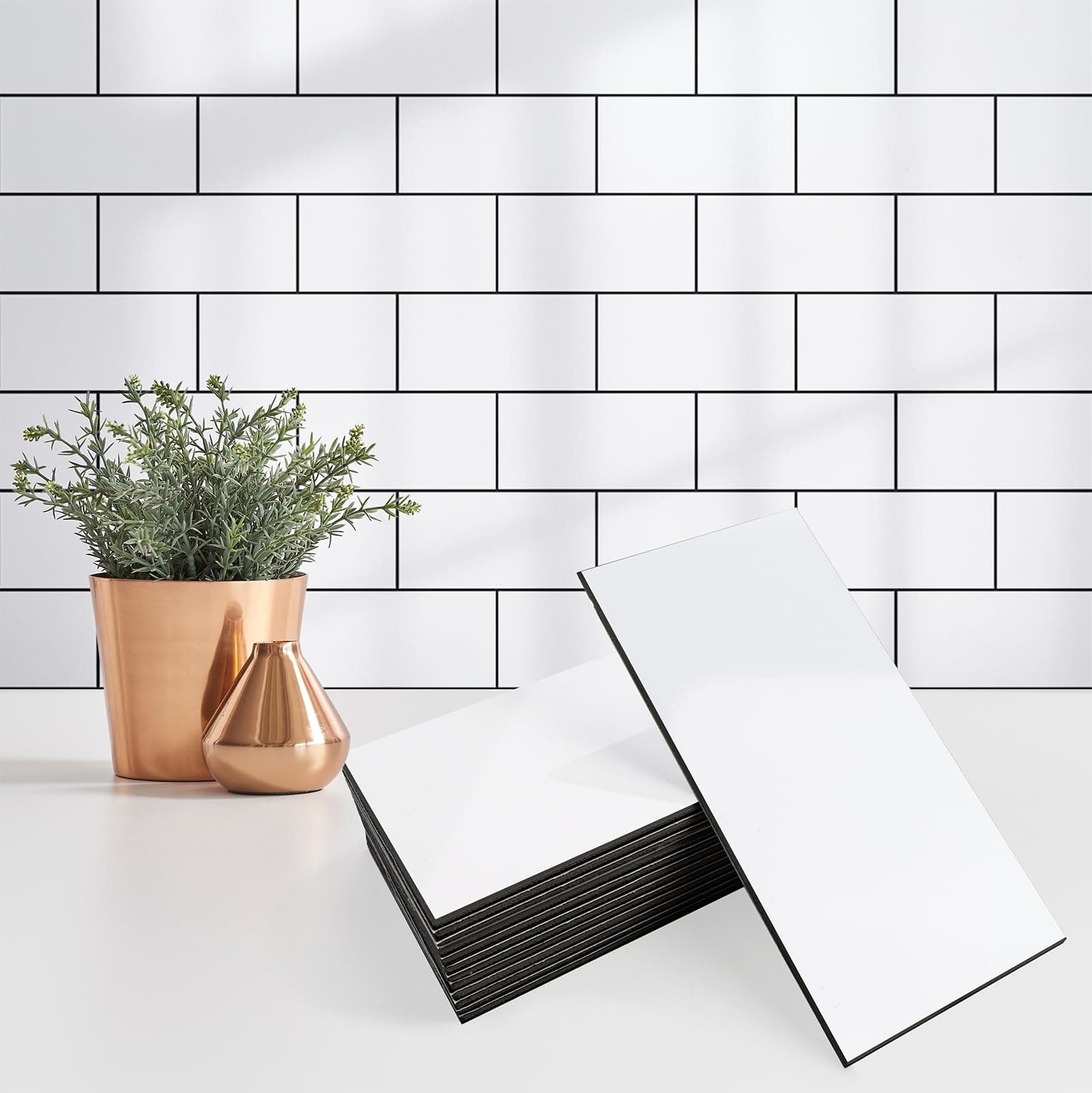 100 Pieces Peel and Stick Backsplash for Kitchen, 3" x 6" PVC Subway Tile 2024 Upgraded Glossy White with Dark Gray Grout Backsplash Stick on Tile Elevate Kitchen, Bathroom, Fireplace,RV