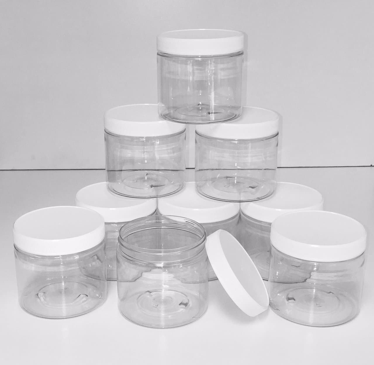 16 OZ PET SHORT JARS WITH WHITE LIDS - MADE IN USA