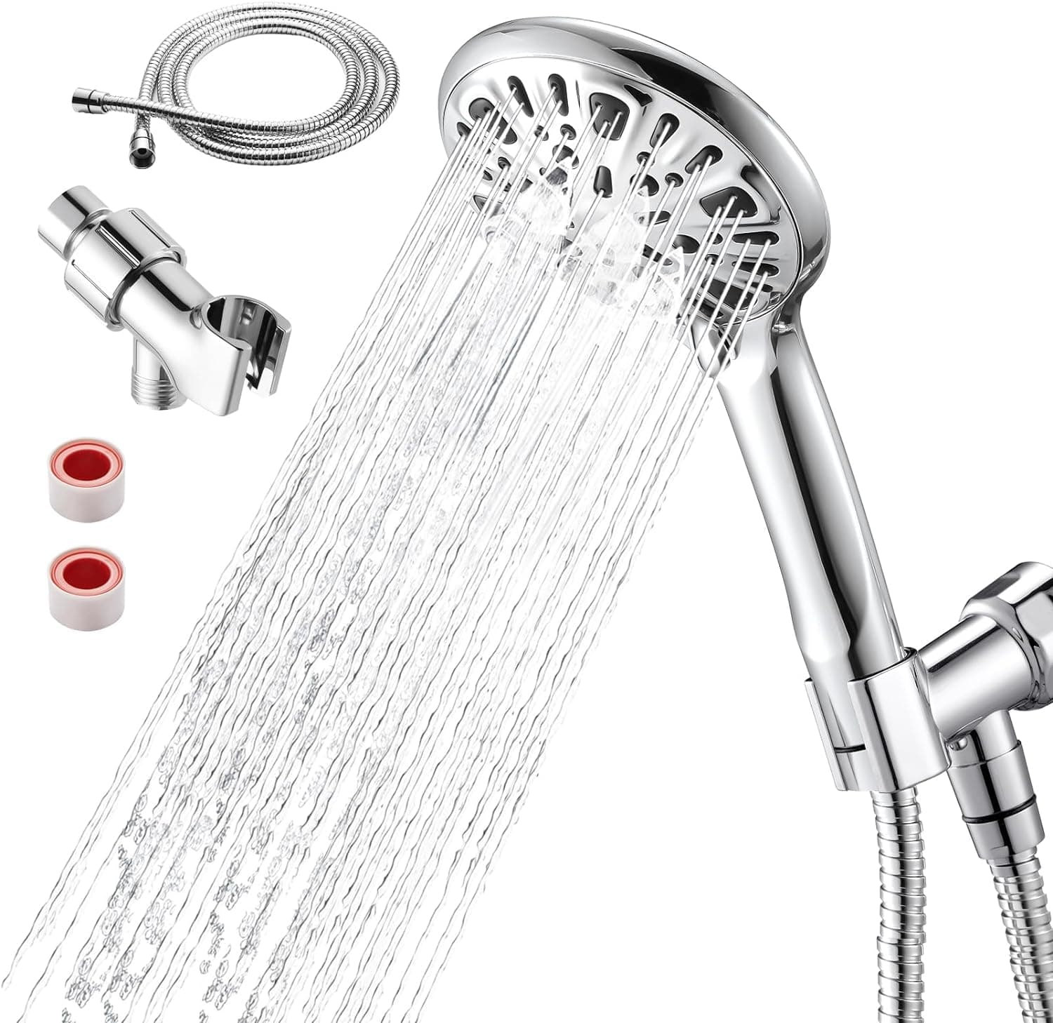 9 Functions Shower Head High Pressure Handheld Shower Head Luxury Modern Polished Chrome Look High Flow Bathroom Showerhead Set with 59'' Hose Bracket Teflon Tape, Silver