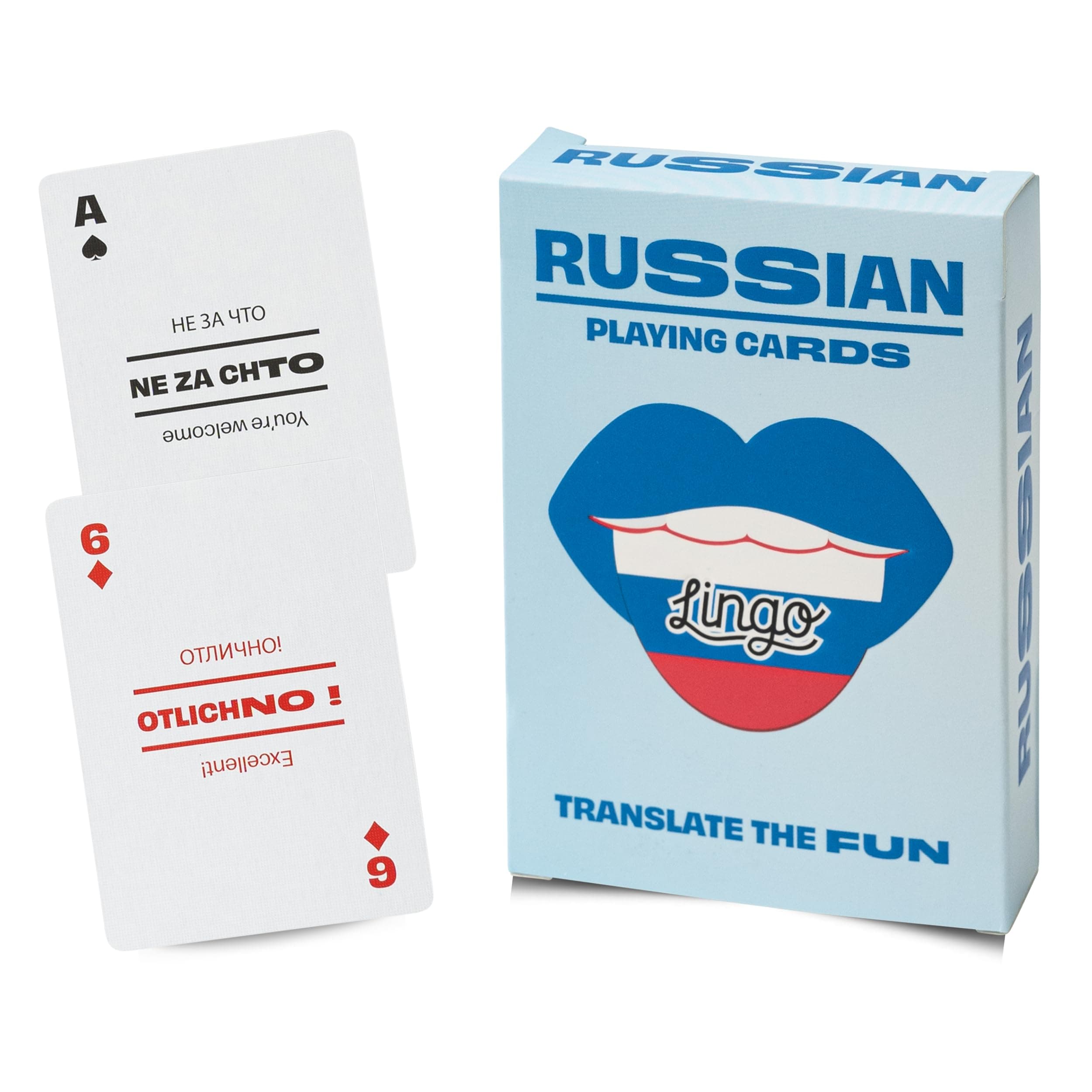 Lingo Playing Cards | Language Learning Game Set | Fun Visual Flashcard Deck to Increase Vocabulary and Pronunciation Skills - 54 Useful Phrases (Russian)