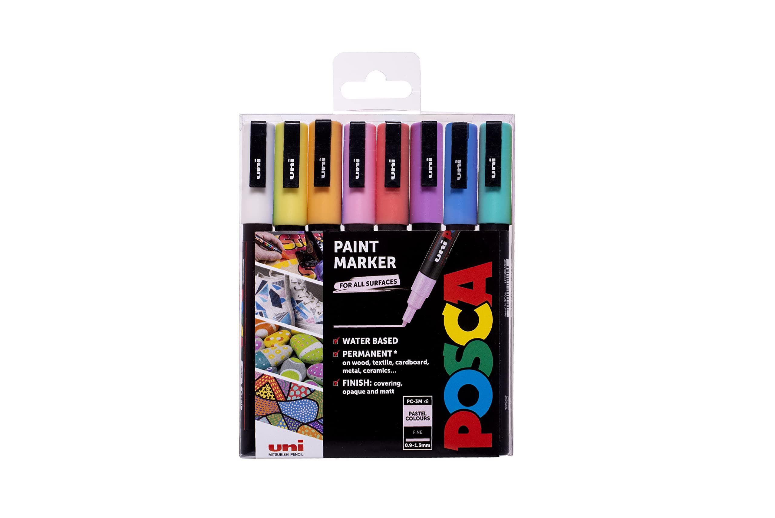 Posca Pens PC-3M Fine Acrylic Coloured Permanent Paint Markers for Adults. Perfect for Colouring, Fabric, Graffiti, Watercolour, Outline Drawing, Window and Glass Art. 8 Pack