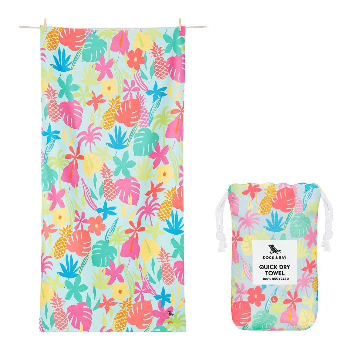 Dock & Bay Beach Towel - Quick Dry, Sand Free - Compact, Lightweight - 100% Recycled - Includes Bag - Aloha Glow - Extra Large (200x90cm, 78x35)