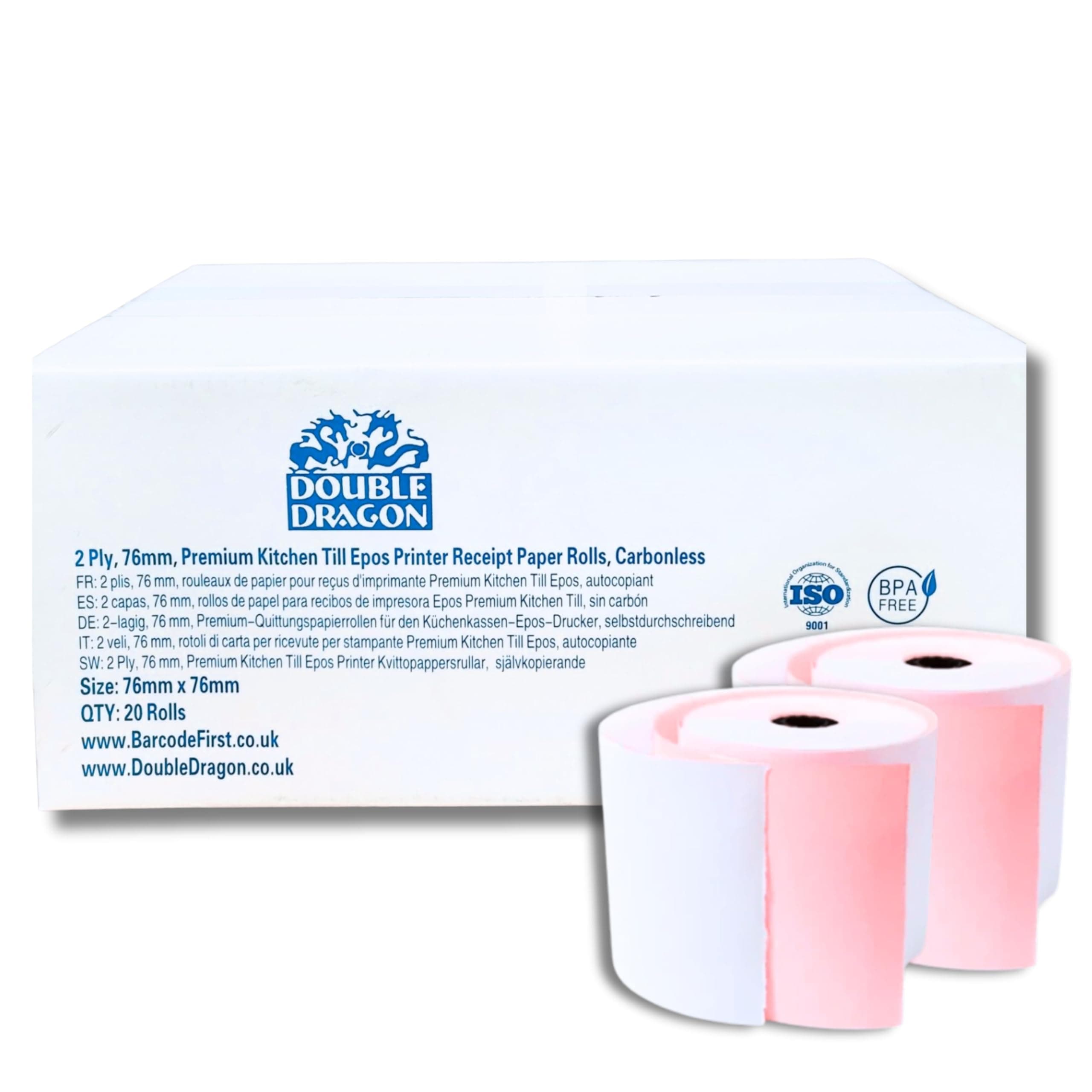 76 x 76mm, 2ply Premium Paper Till EPOS Kitchen Printer Receipt Rolls - Carbonless - (Box of 20 Rolls) - 2 PLY, Non-Thermal