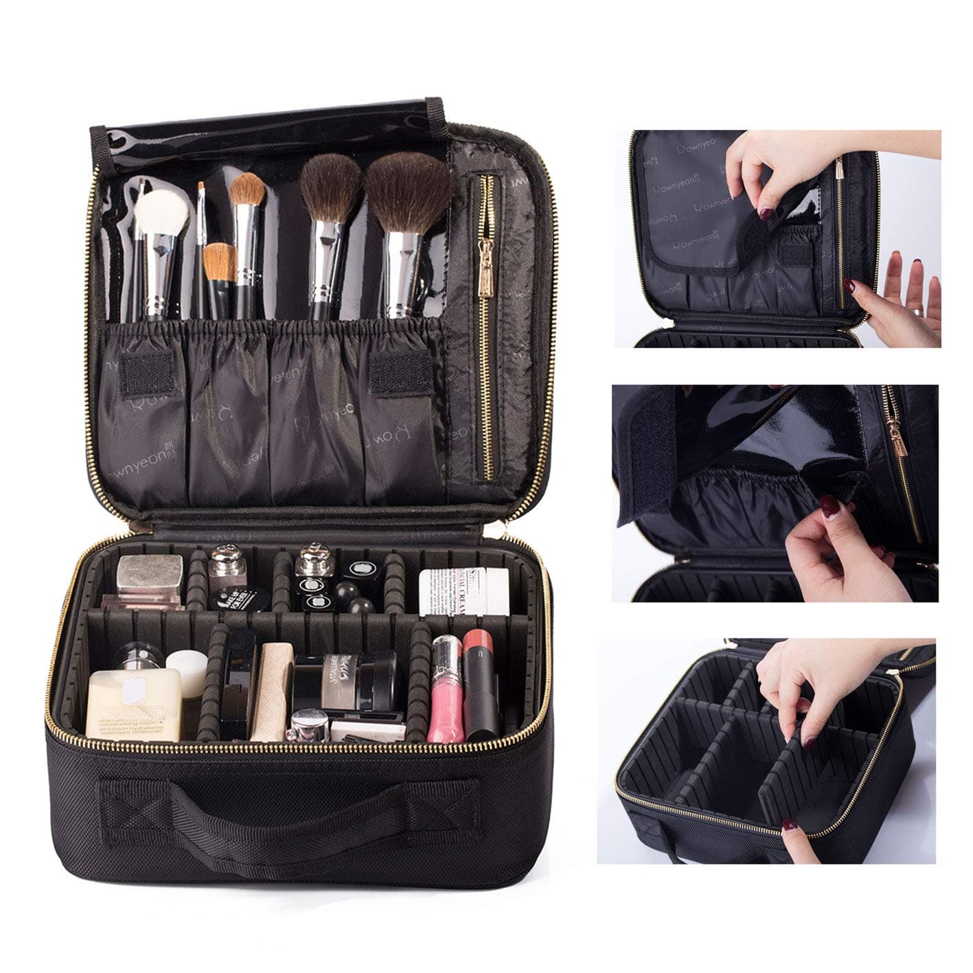 ROWNYEON Makeup Bag Large Makeup Bag Makeup Case Professional Makeup Artist Bag Makeup Organiser Bag Travel Makeup Bag With EVA Dividers Gift For Women or Men Girls Small Black