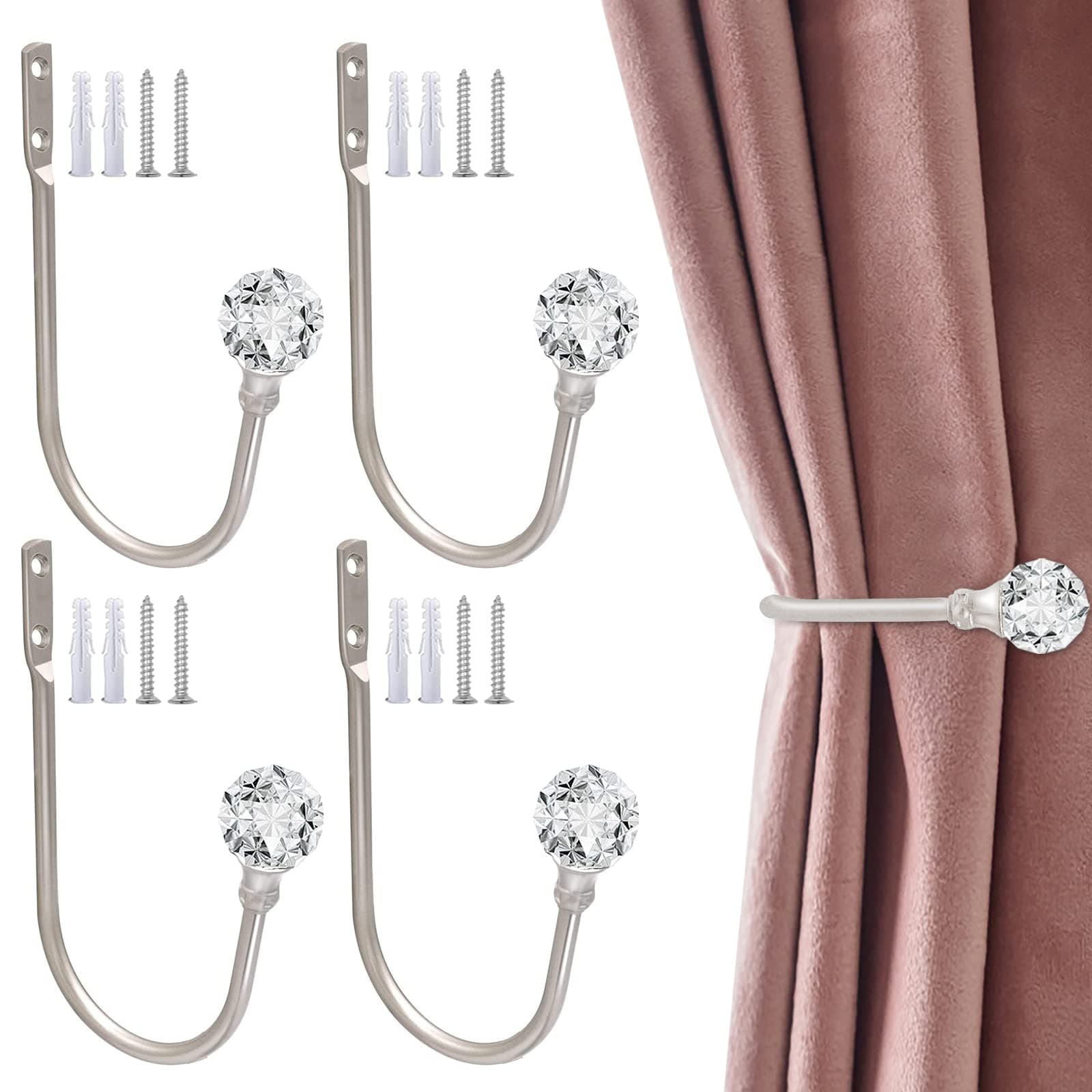 Crystal Curtain Holdbacks 4 Pack - Silver Tieback Hooks Wall Mount Drapery Holders for Drapes - Decorative Metal Window Treatment Holdback