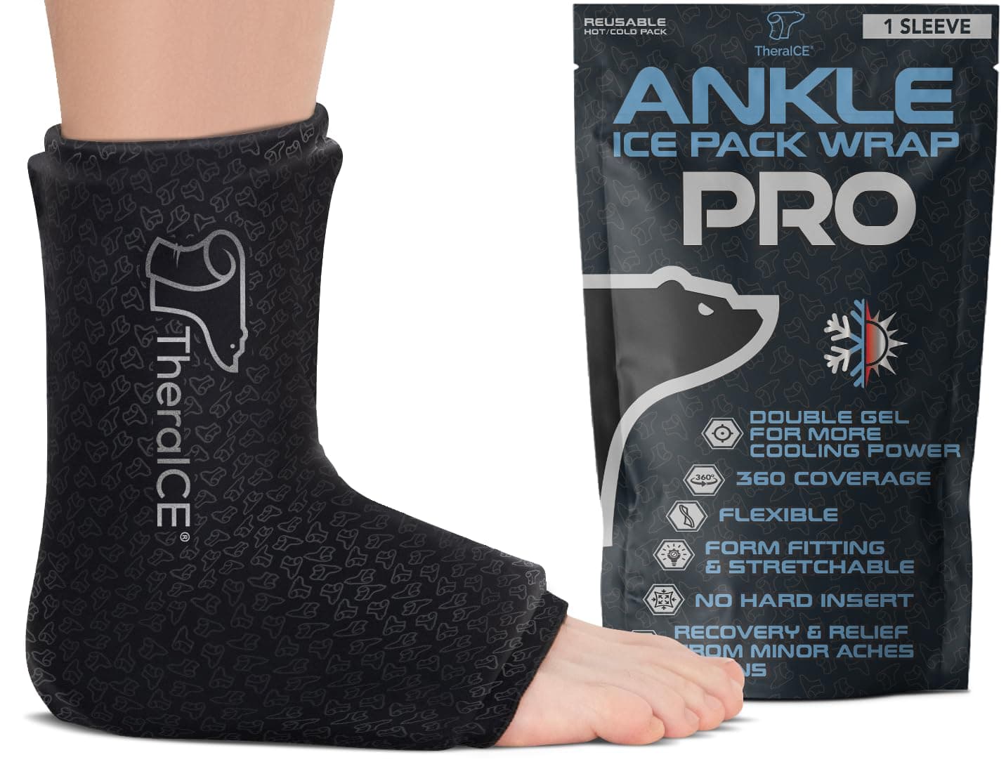TheraICE Ankle Ice Pack Wrap for Swelling, Sprained Ankle Brace for Women Men, Cold Foot Heel Spur Support Compression Socks, Plantar Fasciitis Achilles Tendonitis Pain Relief FocusZone Extra Cooling