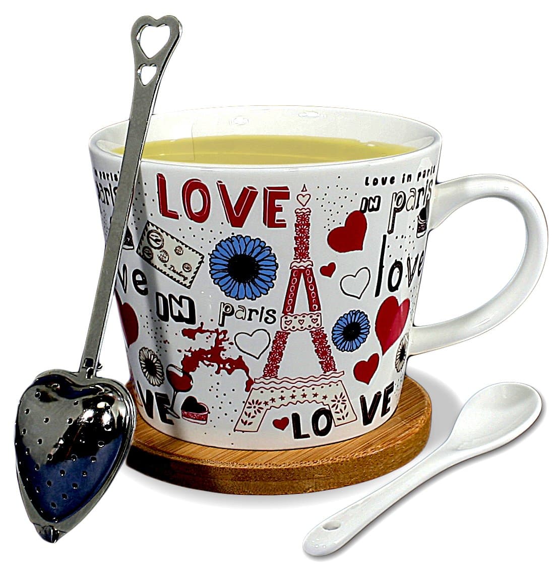 Paris Tea Mug and Infuser, Spoon and Coasters, Romantic Gift For Her, Women, Wife, Girlfriend, Mothers Day, Birthday Gift For Mom or Sister, Large Ceramic Porcelain Cup, 12.5 oz