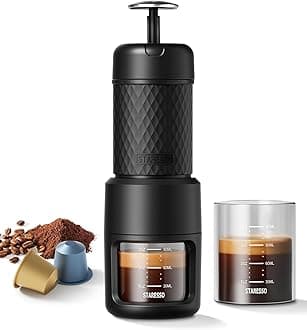 STARESSO Classic Portable Espresso Maker, 2 IN 1 Travel Coffee Maker Compatible Ground Coffee & NS Original Pods, Espresso Machine with Stainless Steel Chamber for Travel Camping, Manually Operated