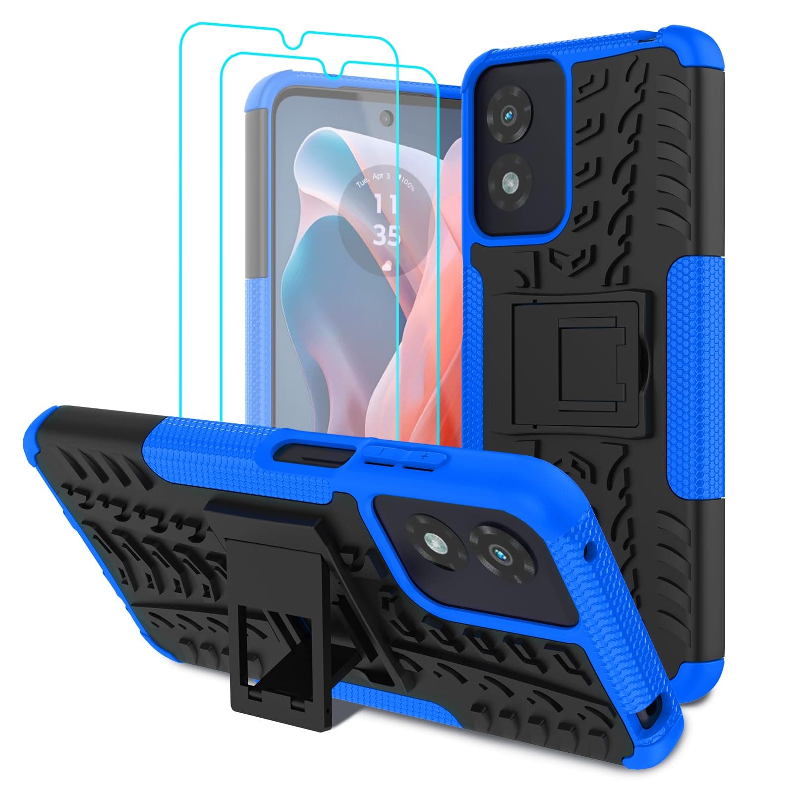 for Moto G Play 2024 Case with 2 Pack Screen Protector,Military Grade Shockproof, Heavy Duty Robust Bumper Cover with Kickstand for Motorola G Play 2024 Phone Blue