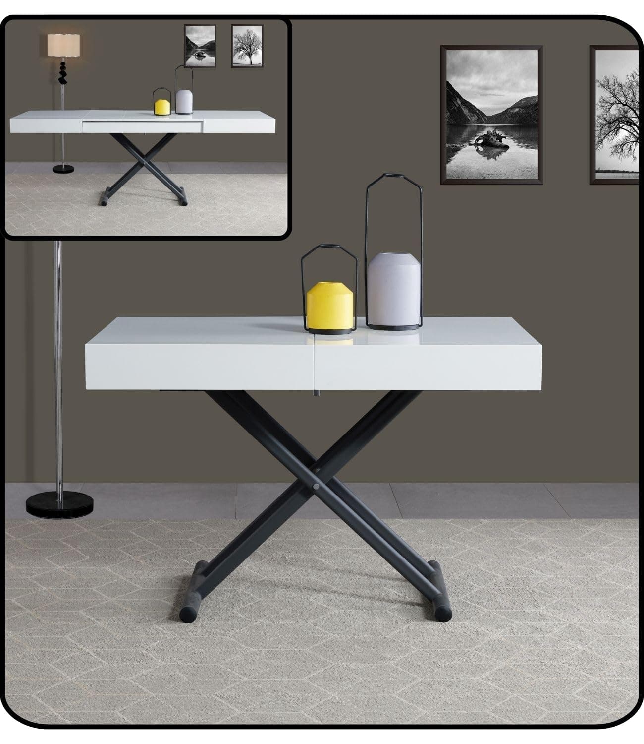 VOLERO' ; Table Lift-top Coffee to Dining Table,Transformable Space-Saving Table, Achille Large Model, Sliding Mechanism with Millimeter Height Adjustment. (White Top, Sandblasted Gray Legs)