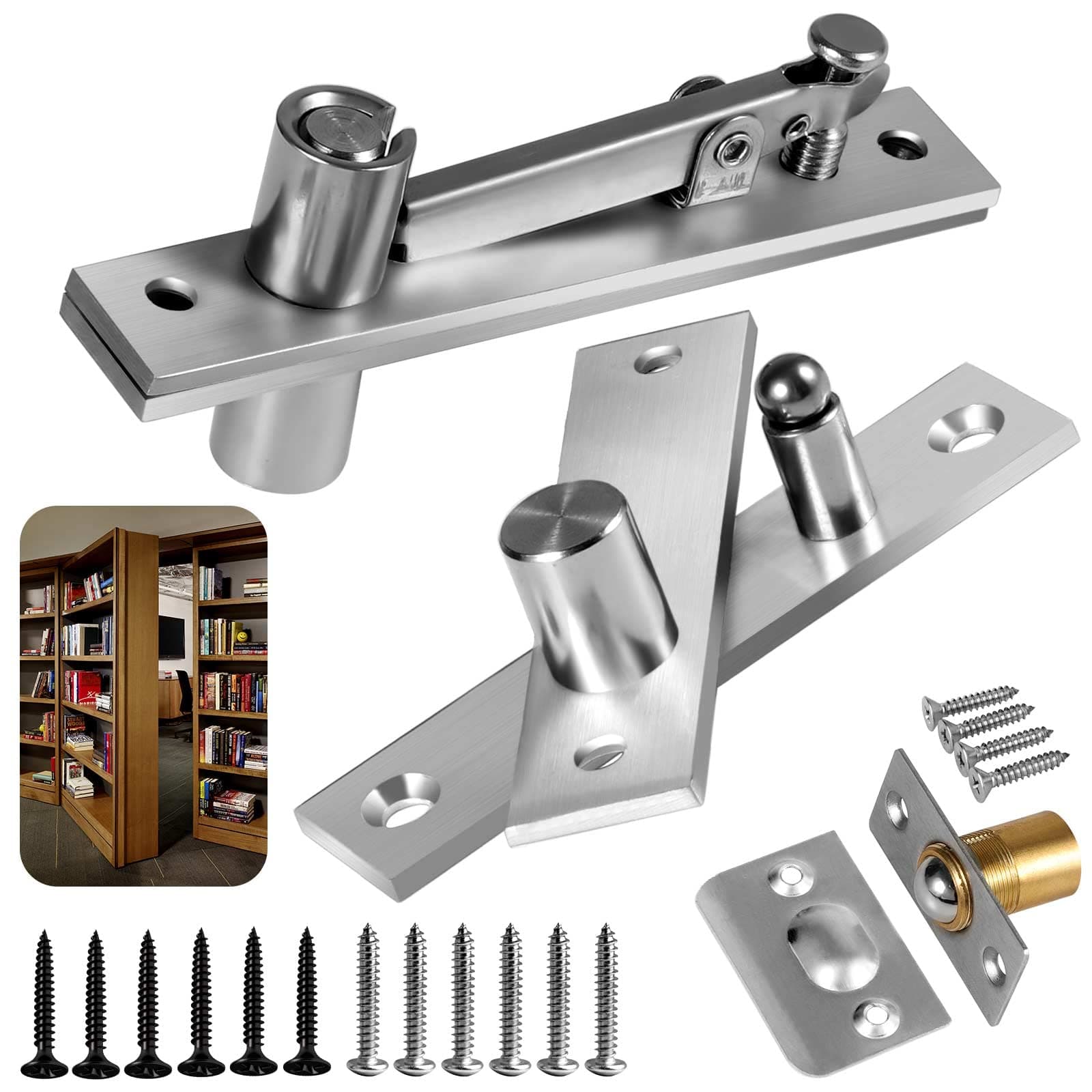 Hidden Pivot Hinges, Hidden Door Hinges, Hidden Hinge Hardware Accessories,Ball Catch Hardware for Max 200 Lb Heavy Duty Wood Doors & Hidden and Secret Bookcase(Side Mount 200 lbs 1 Set)